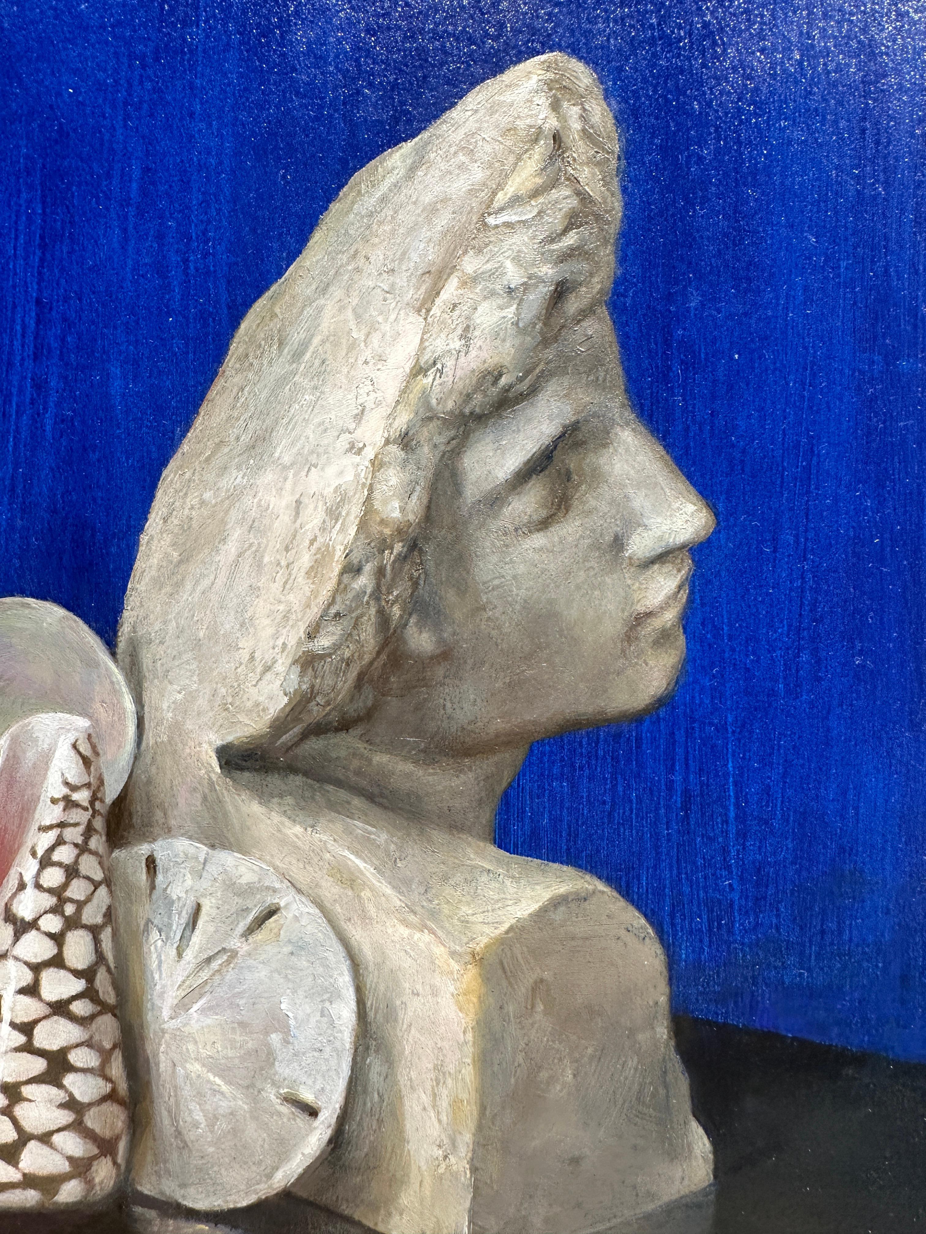 Hand-Painted Blue Still Life, Oil on Panel, Painting with Seashell Collection & Marble Bust