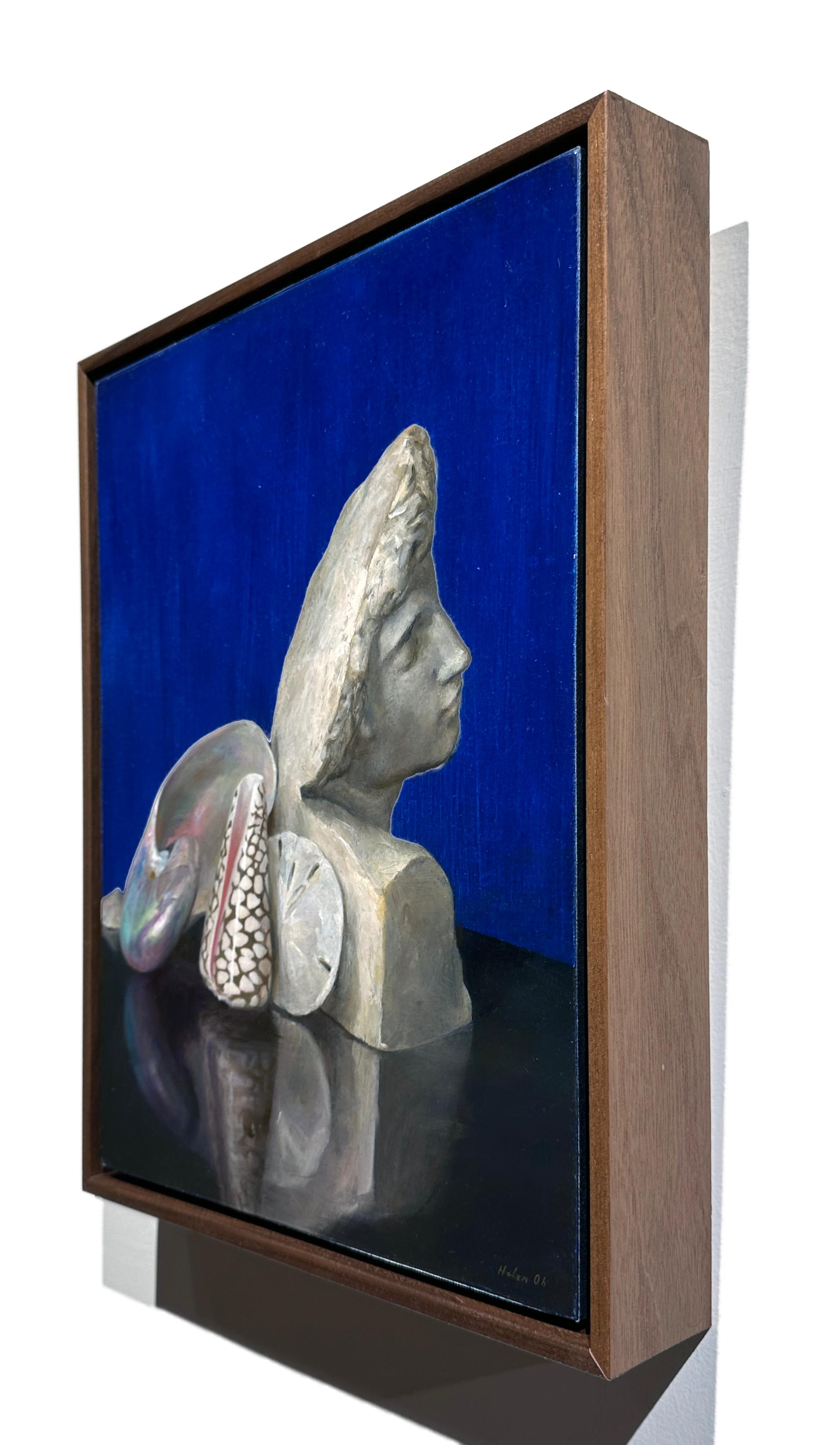 Contemporary Blue Still Life, Oil on Panel, Painting with Seashell Collection & Marble Bust