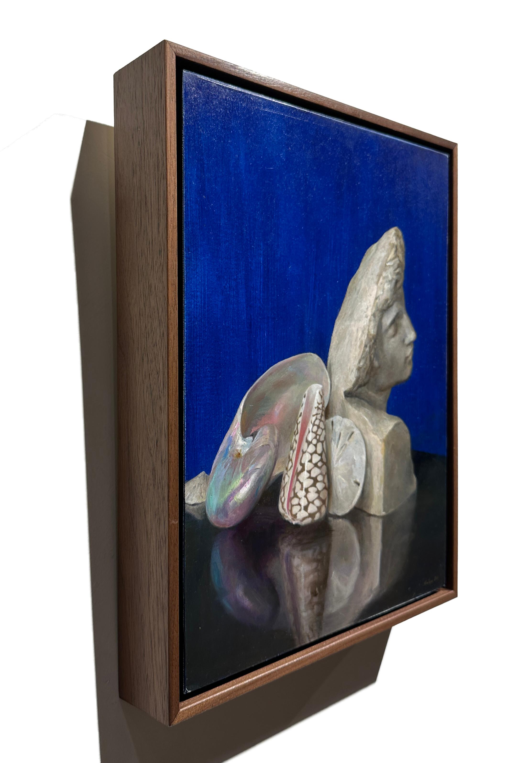 Blue Still Life, Oil on Panel, Painting with Seashell Collection & Marble Bust 1