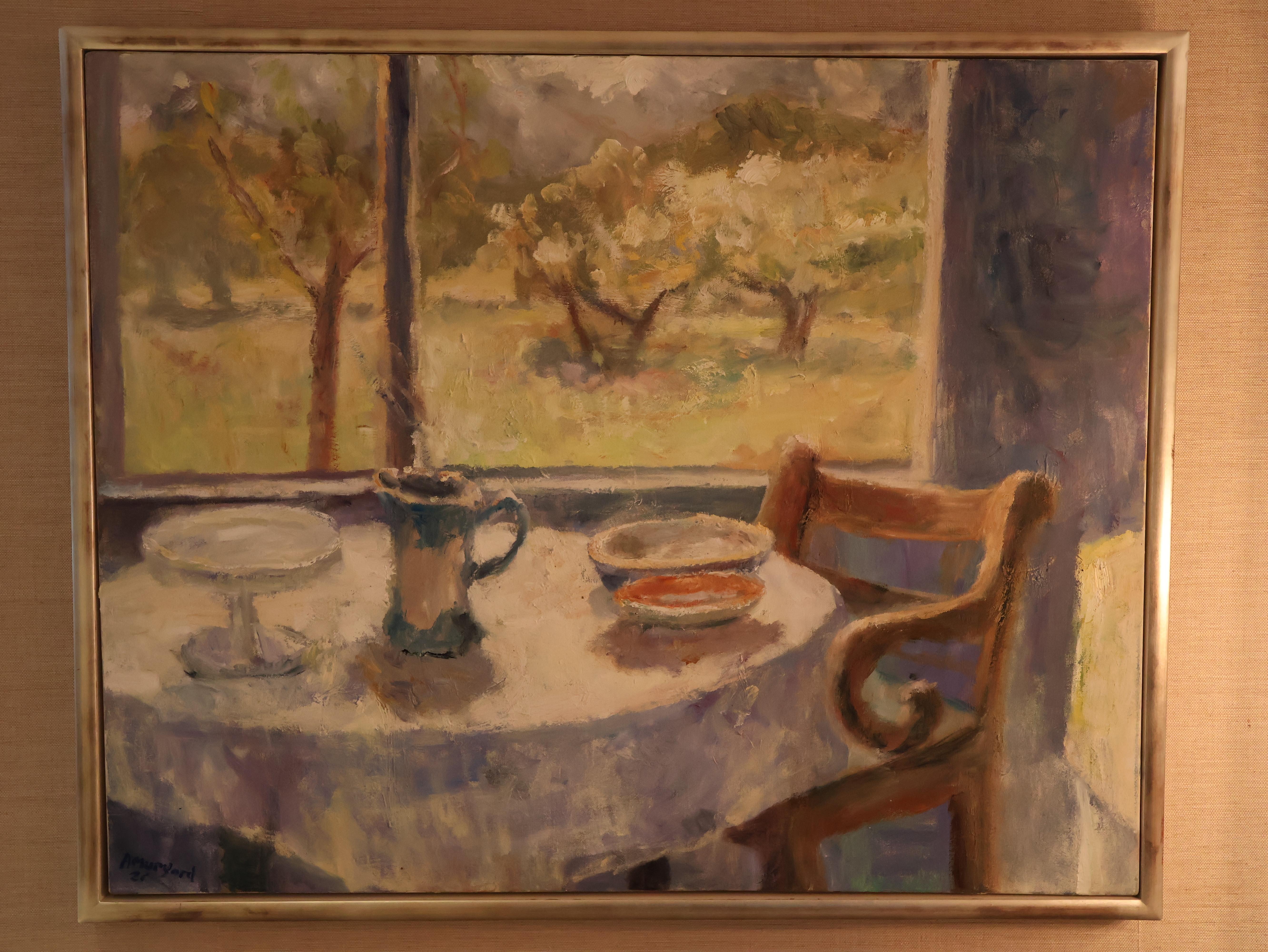 Mumford’s use of color is distinctively atmospheric, with cool blues and warm yellows blending seamlessly throughout the painting. The palette is dominated by pale blue and lavender tones in the interior, which reflect and amplify the sunlight