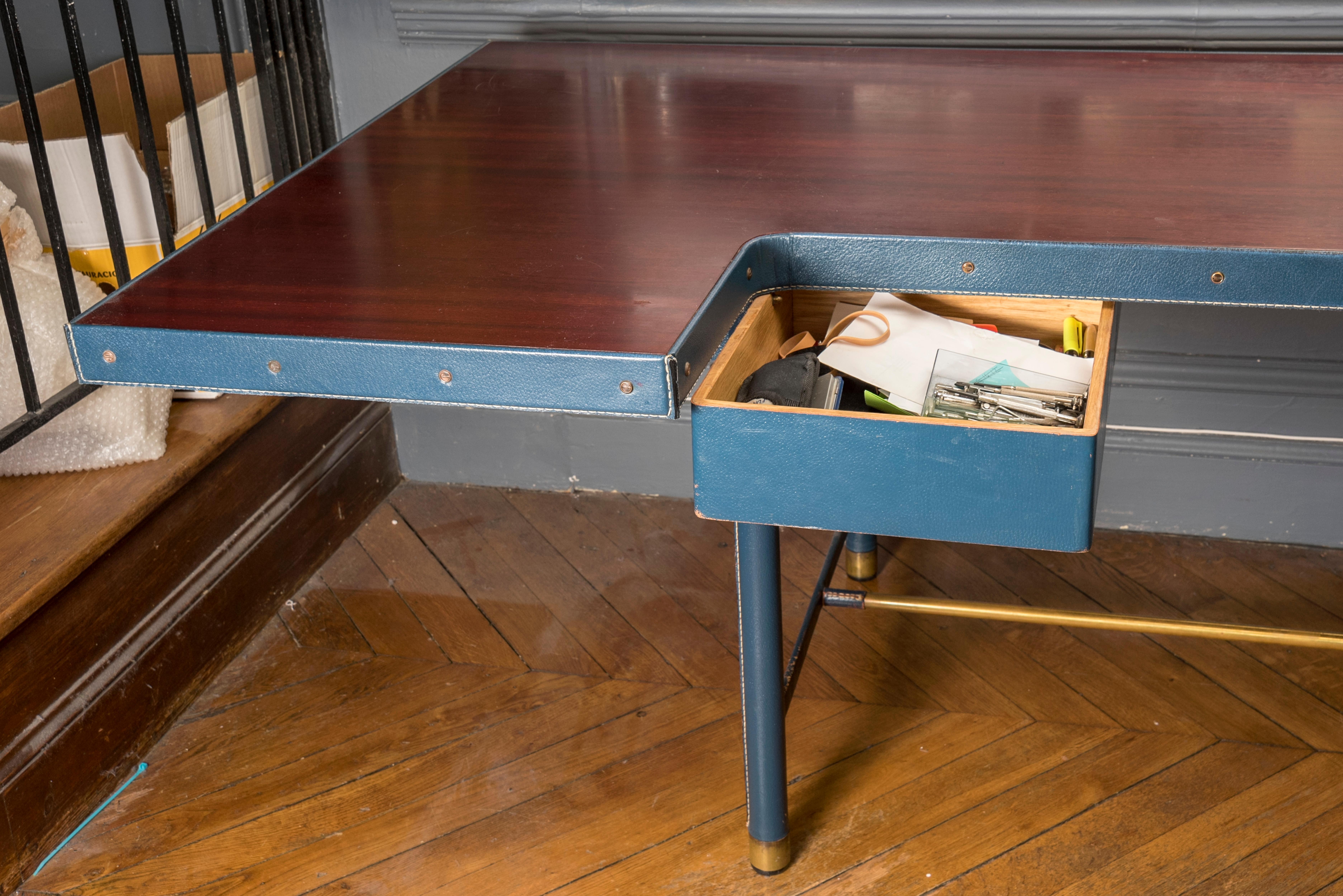 Blue Stitched Leather Desk by Jacques Adnet 5