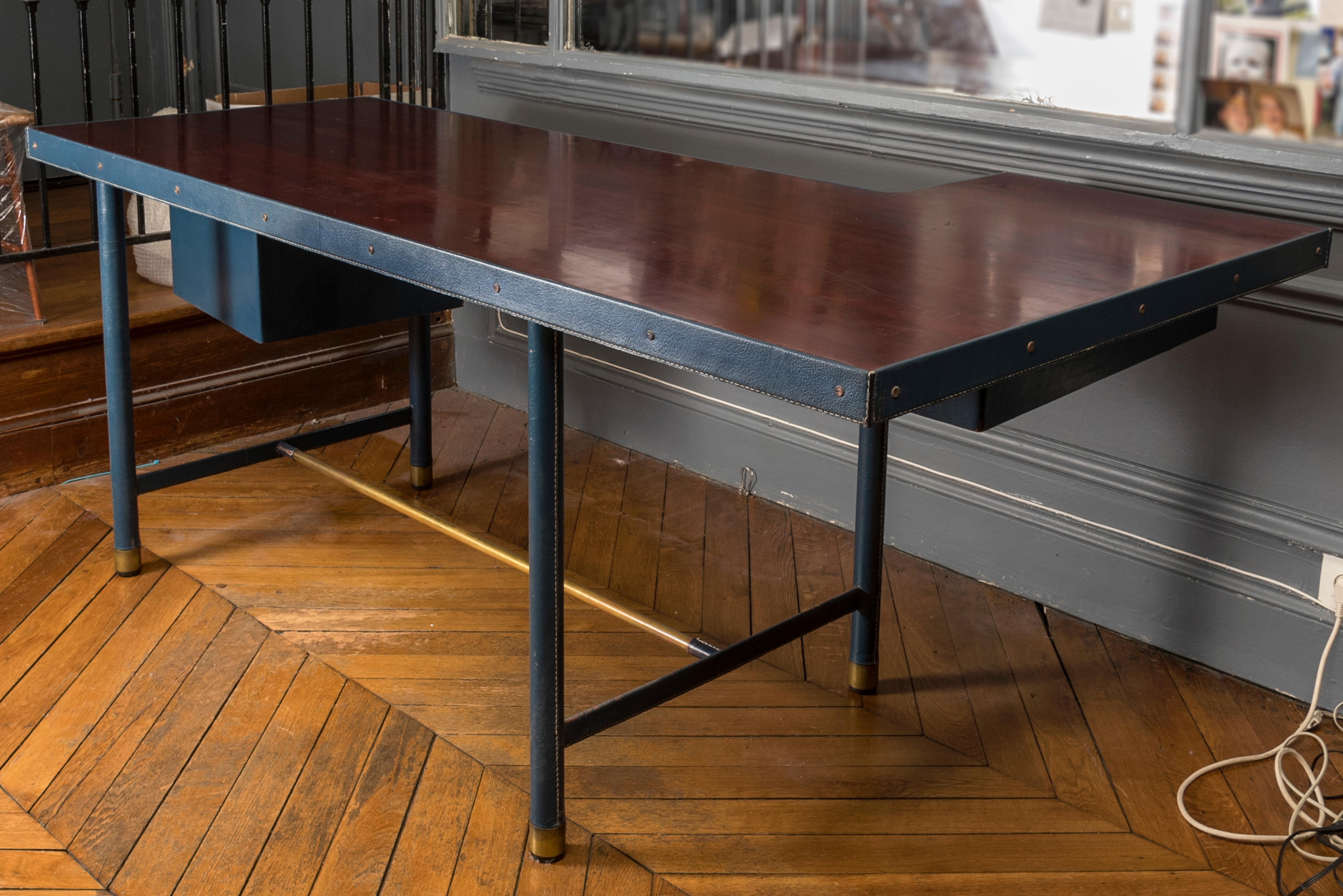 Blue Stitched Leather Desk by Jacques Adnet 7