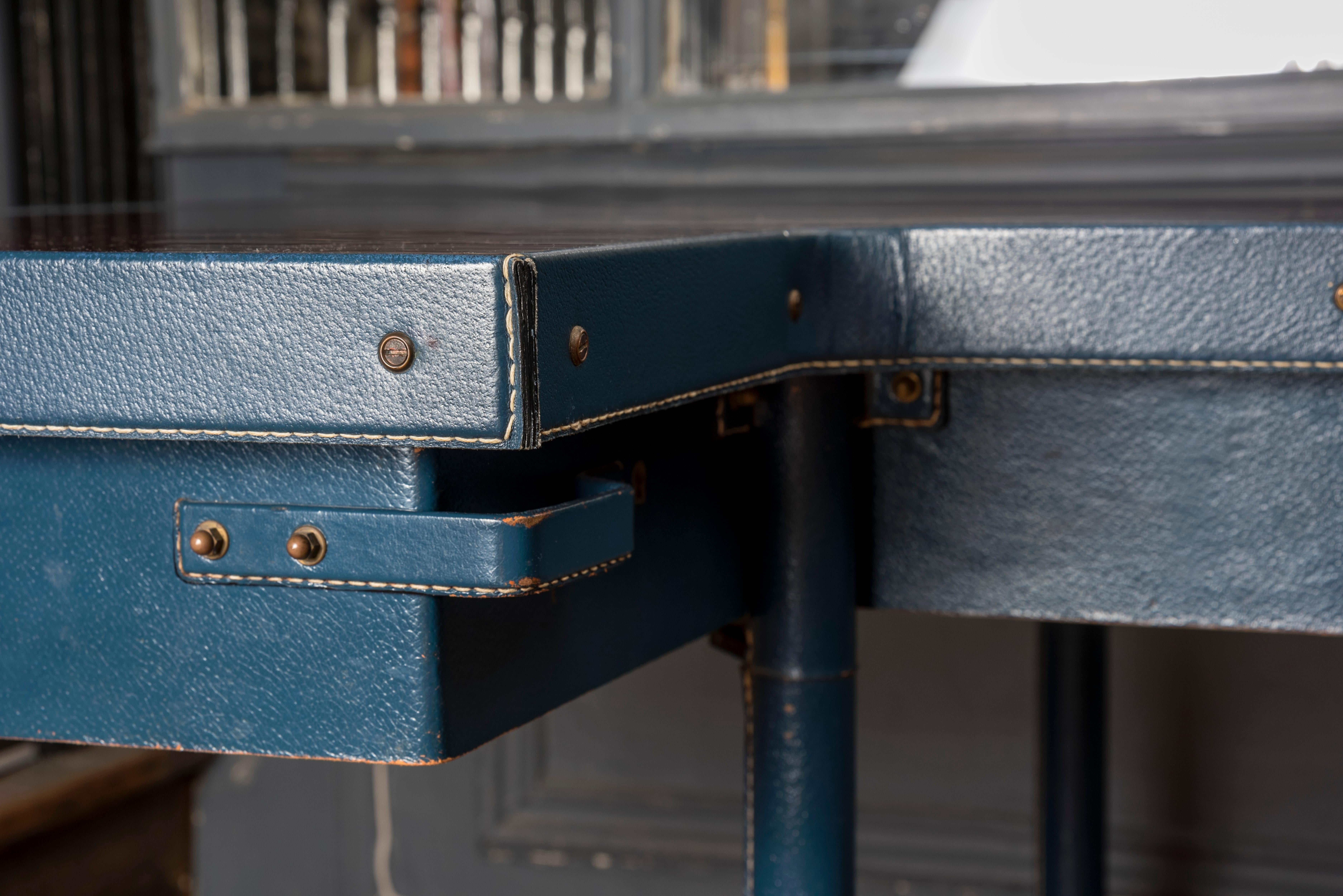French Blue Stitched Leather Desk by Jacques Adnet