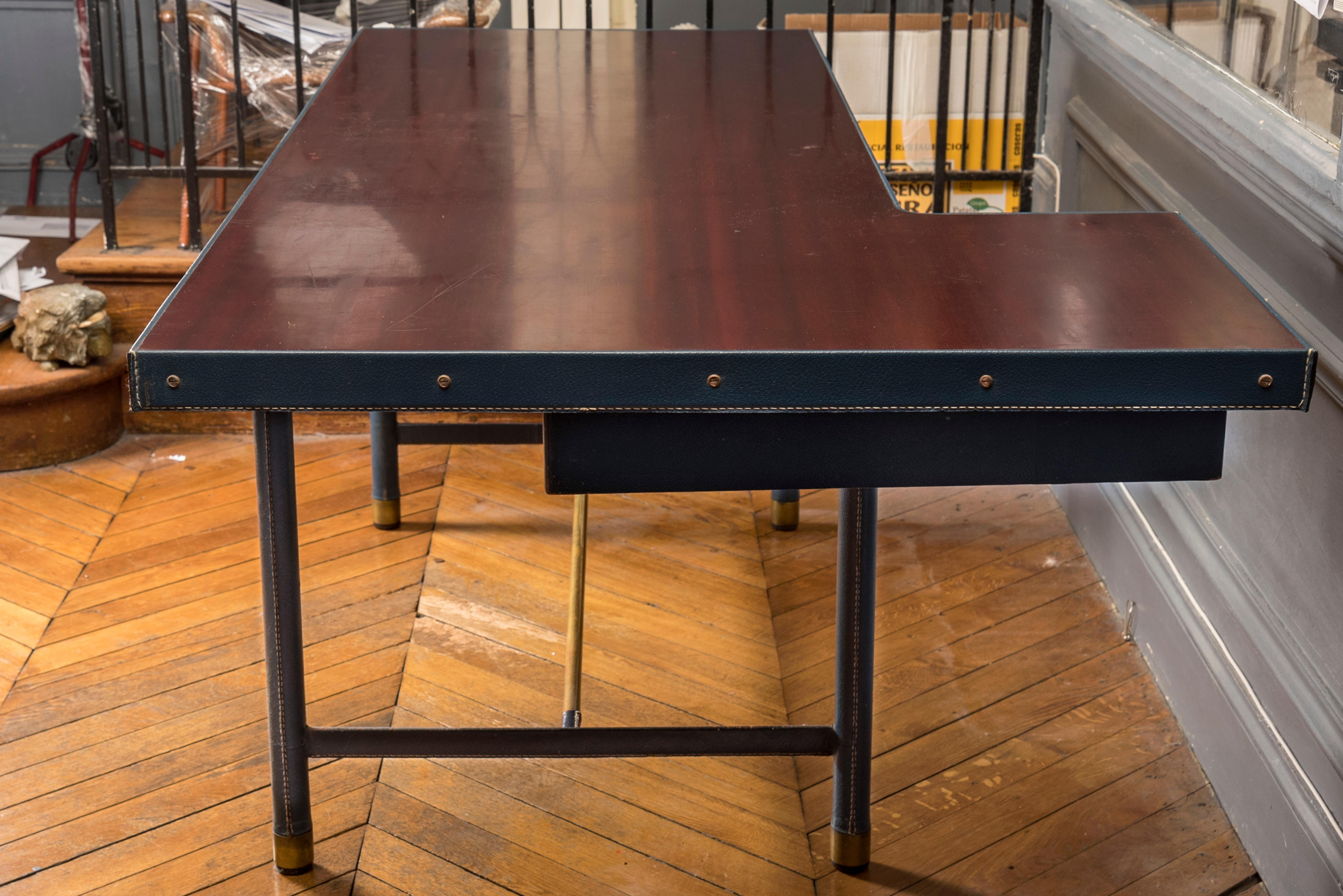 Blue Stitched Leather Desk by Jacques Adnet In Good Condition In Bois-Colombes, FR