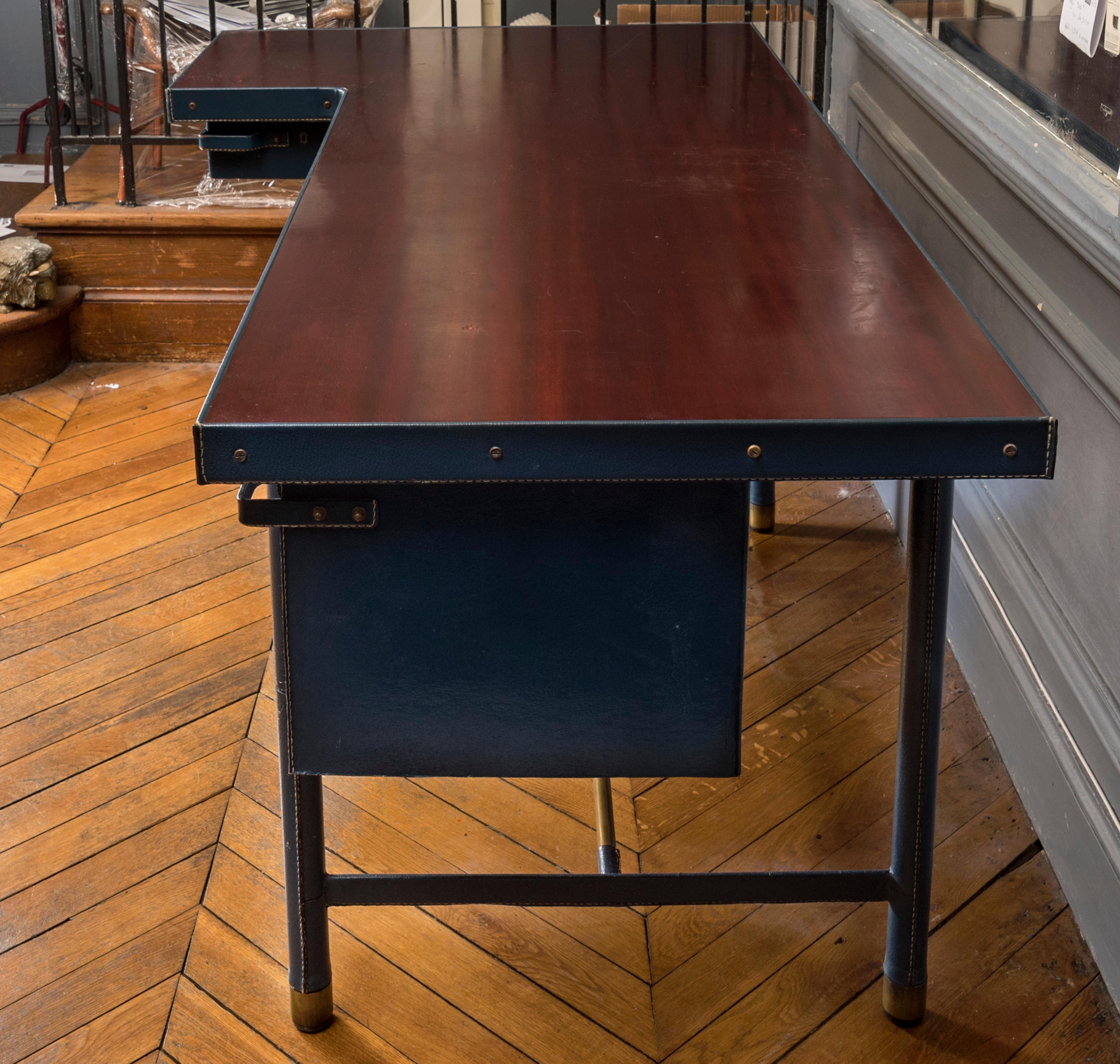 Blue Stitched Leather Desk by Jacques Adnet 1