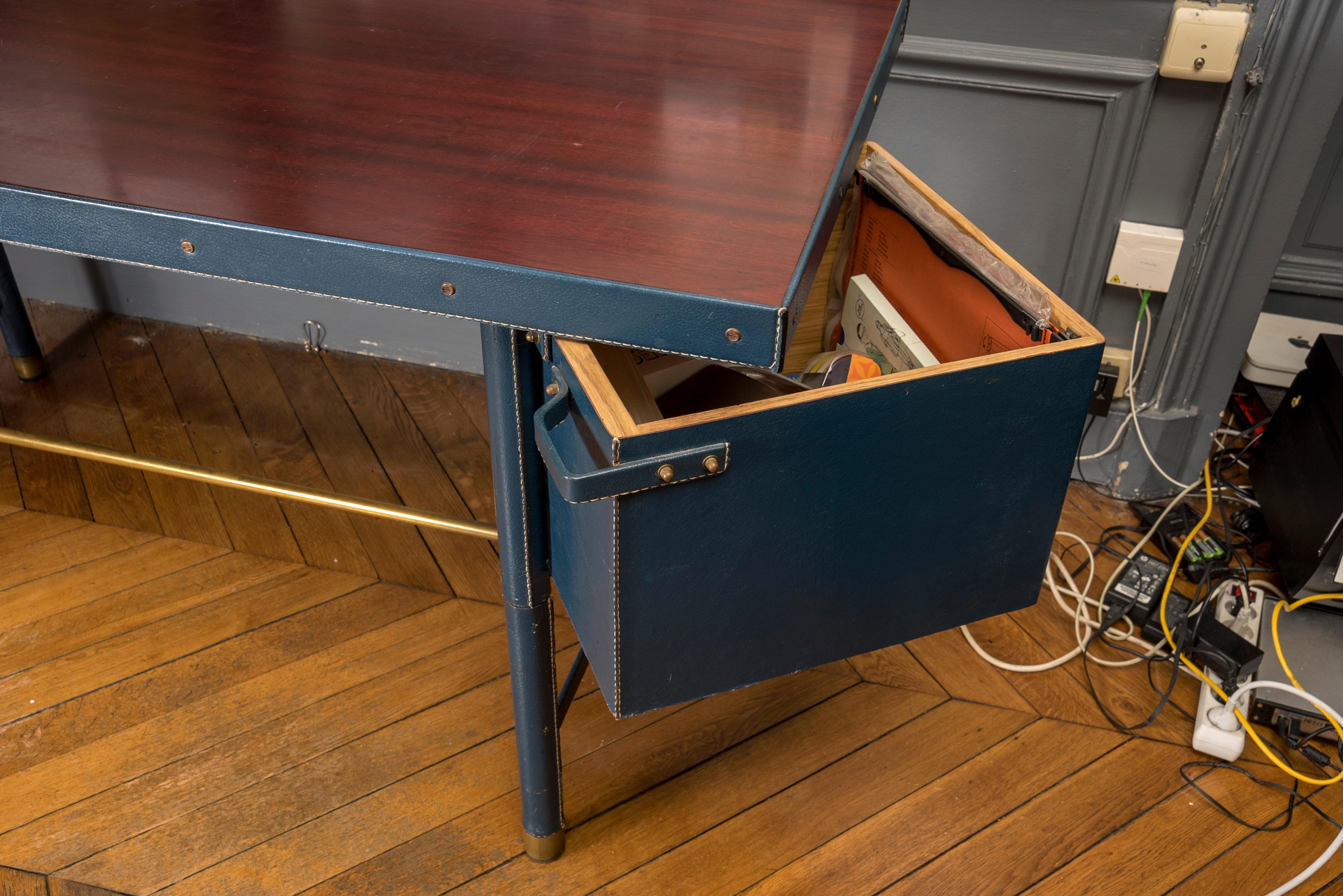 Blue Stitched Leather Desk by Jacques Adnet 2