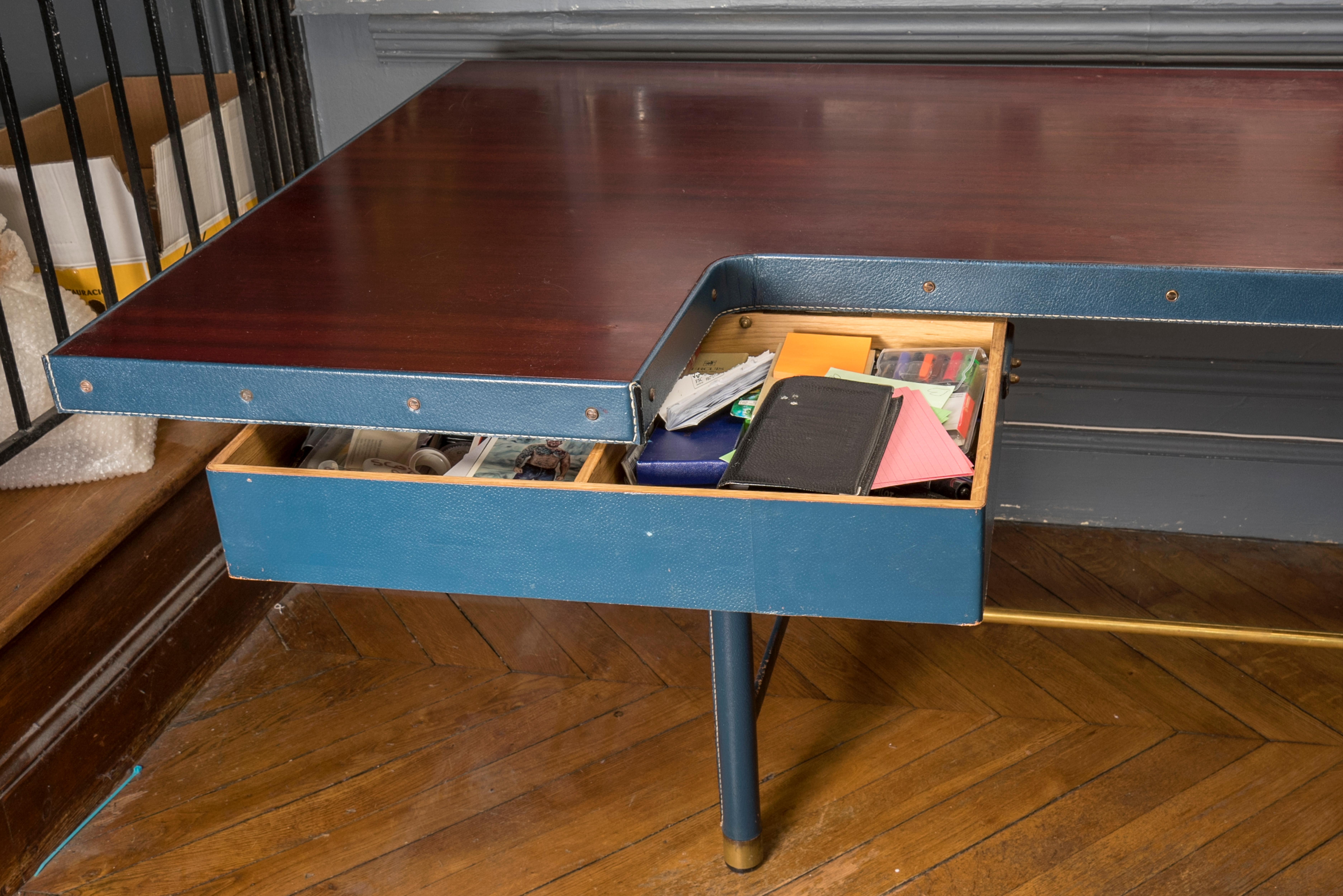 Blue Stitched Leather Desk by Jacques Adnet 4