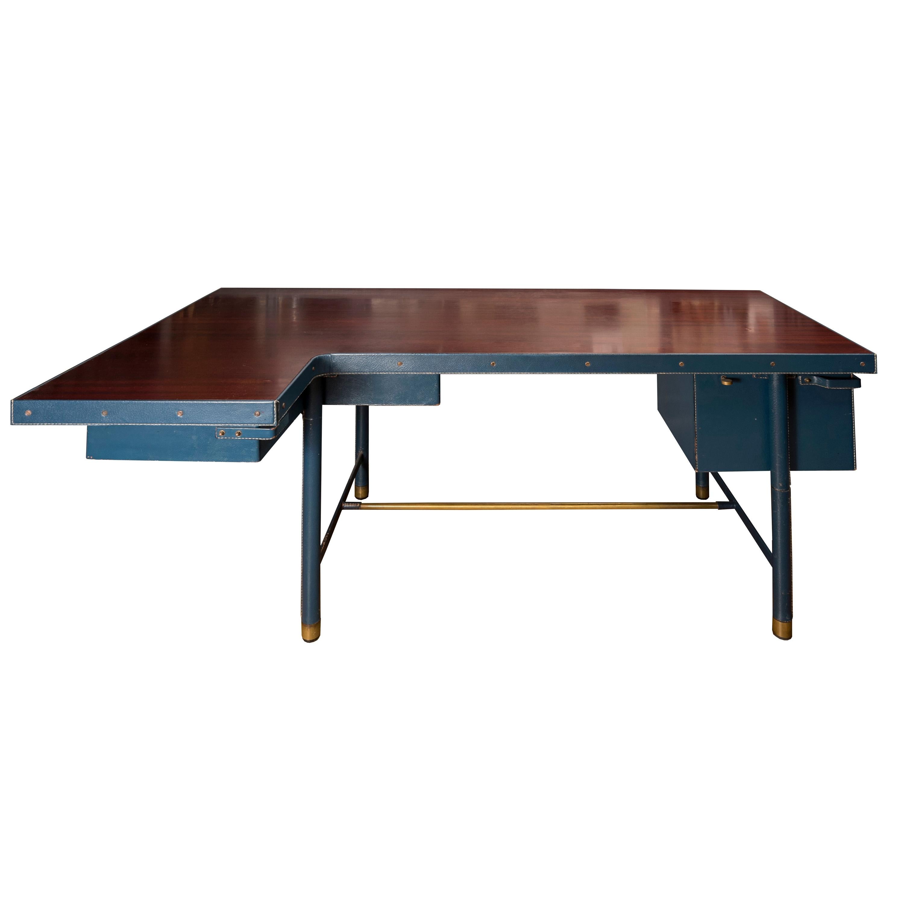 Blue Stitched Leather Desk by Jacques Adnet