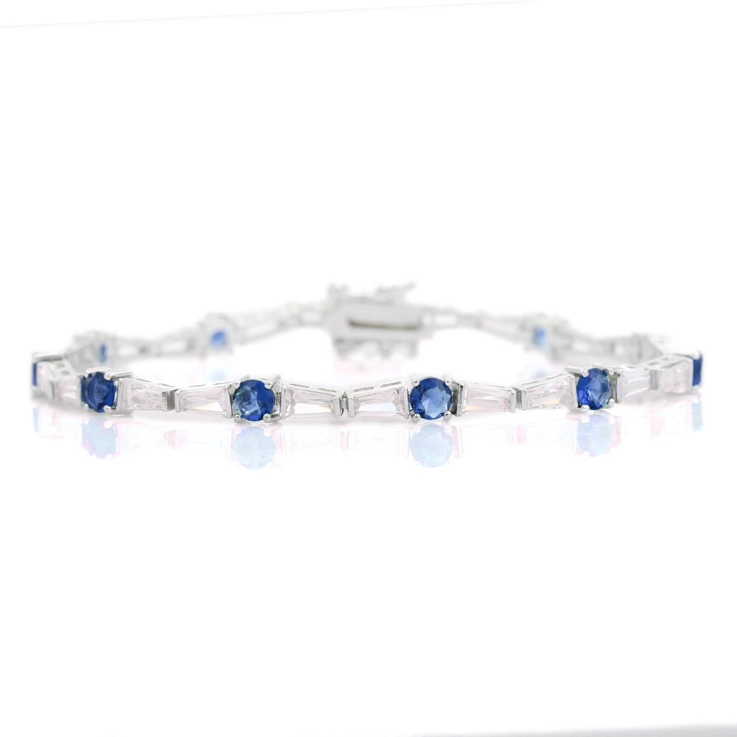 Art Deco Blue Stone Zircon Tennis Engagement Bracelet for Grandma in 925 Sterling Silver For Sale
