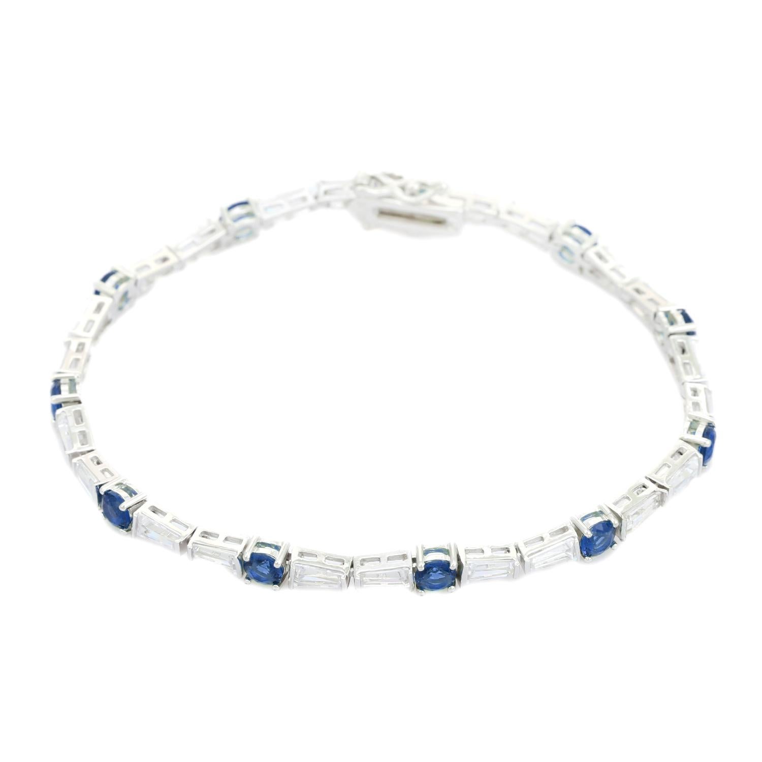 Mixed Cut Blue Stone Zircon Tennis Engagement Bracelet for Grandma in 925 Sterling Silver For Sale