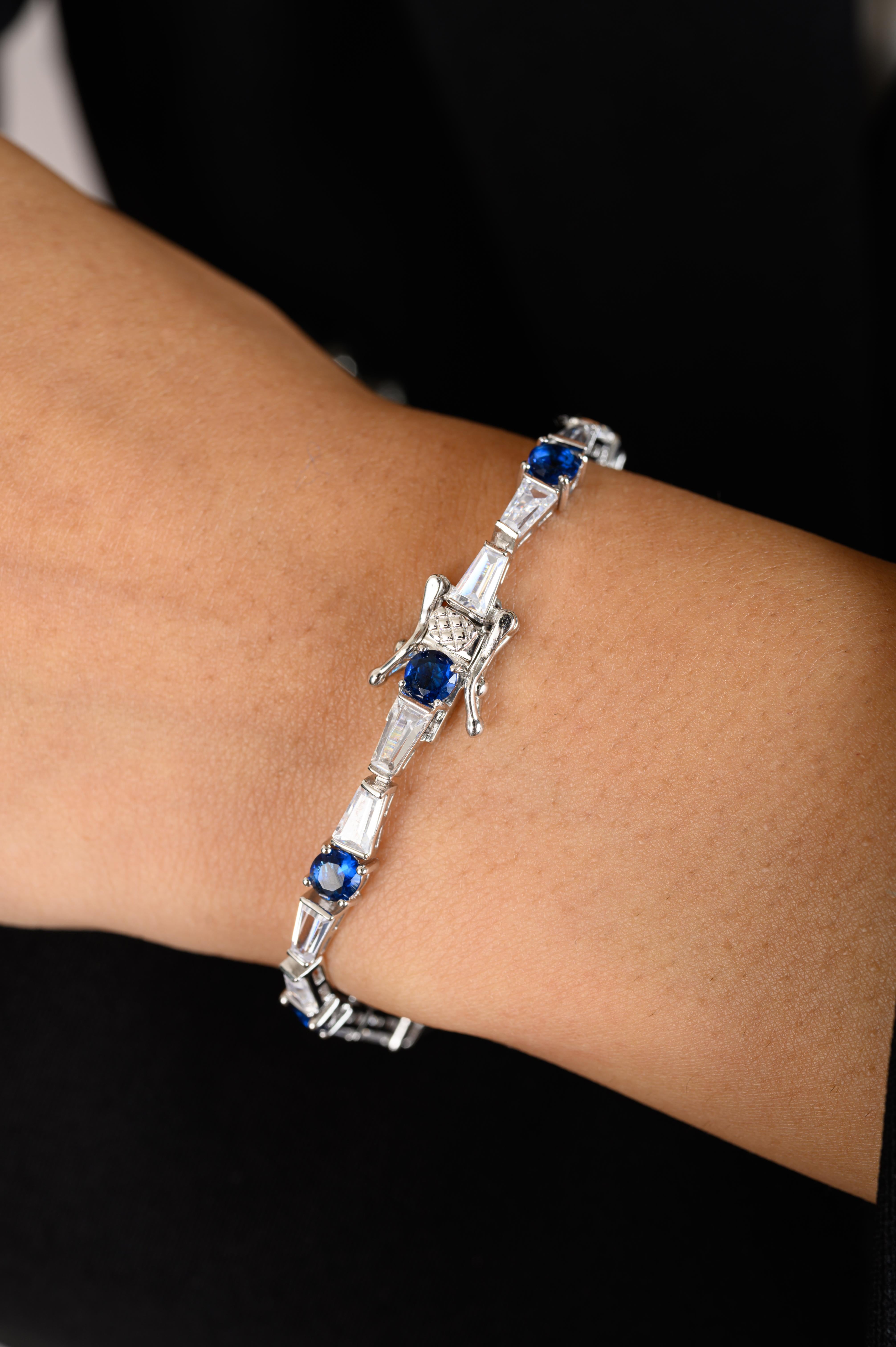 Blue Stone Zircon Tennis Engagement Bracelet for Grandma in 925 Sterling Silver For Sale 1