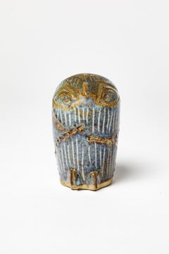 Blue stoneware ceramic owl animal sculpture by Annie Maume signed La Borne 1970