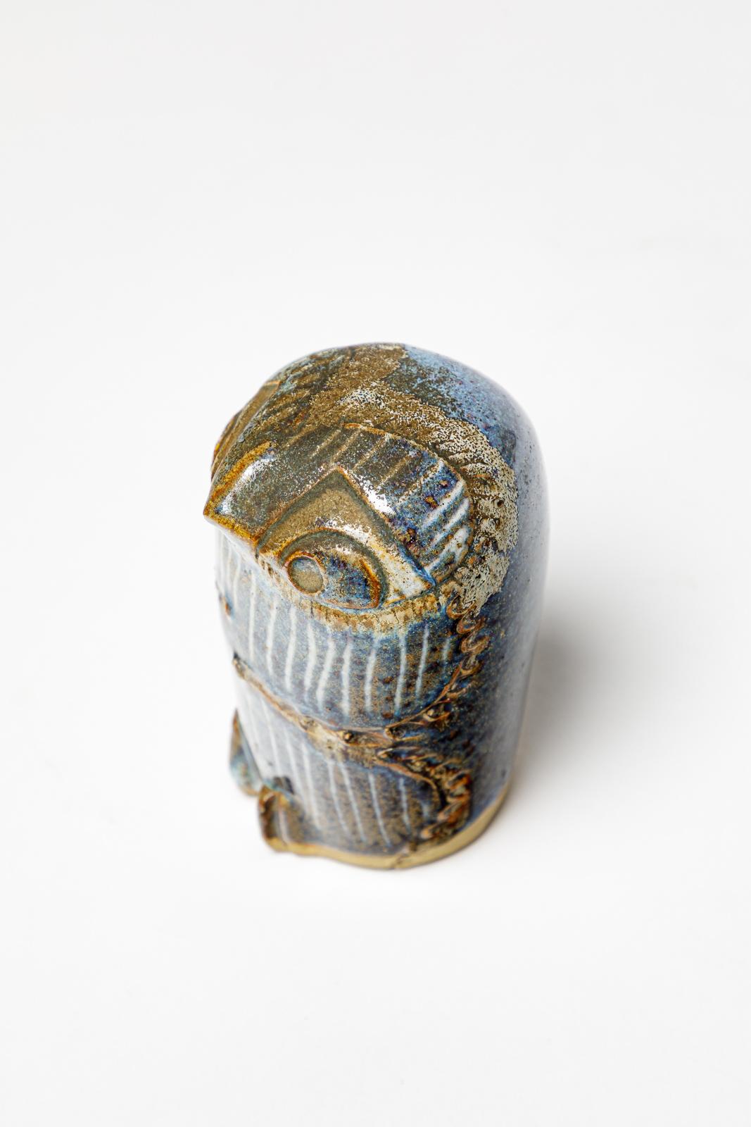 French Blue stoneware ceramic owl animal sculpture by Annie Maume signed La Borne 1970