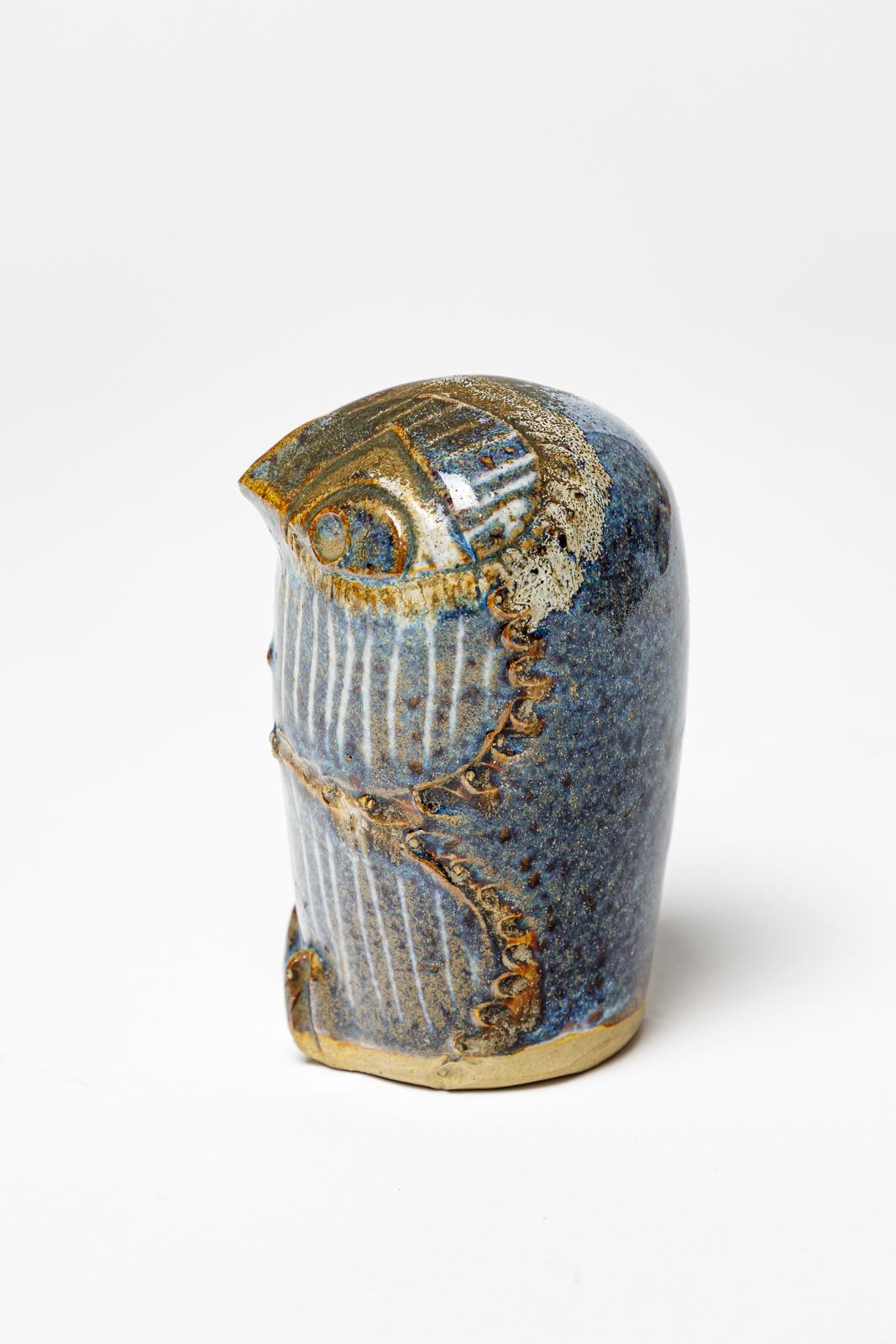20th Century Blue stoneware ceramic owl animal sculpture by Annie Maume signed La Borne 1970