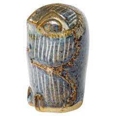 Blue stoneware ceramic owl animal sculpture by Annie Maume signed La Borne 1970