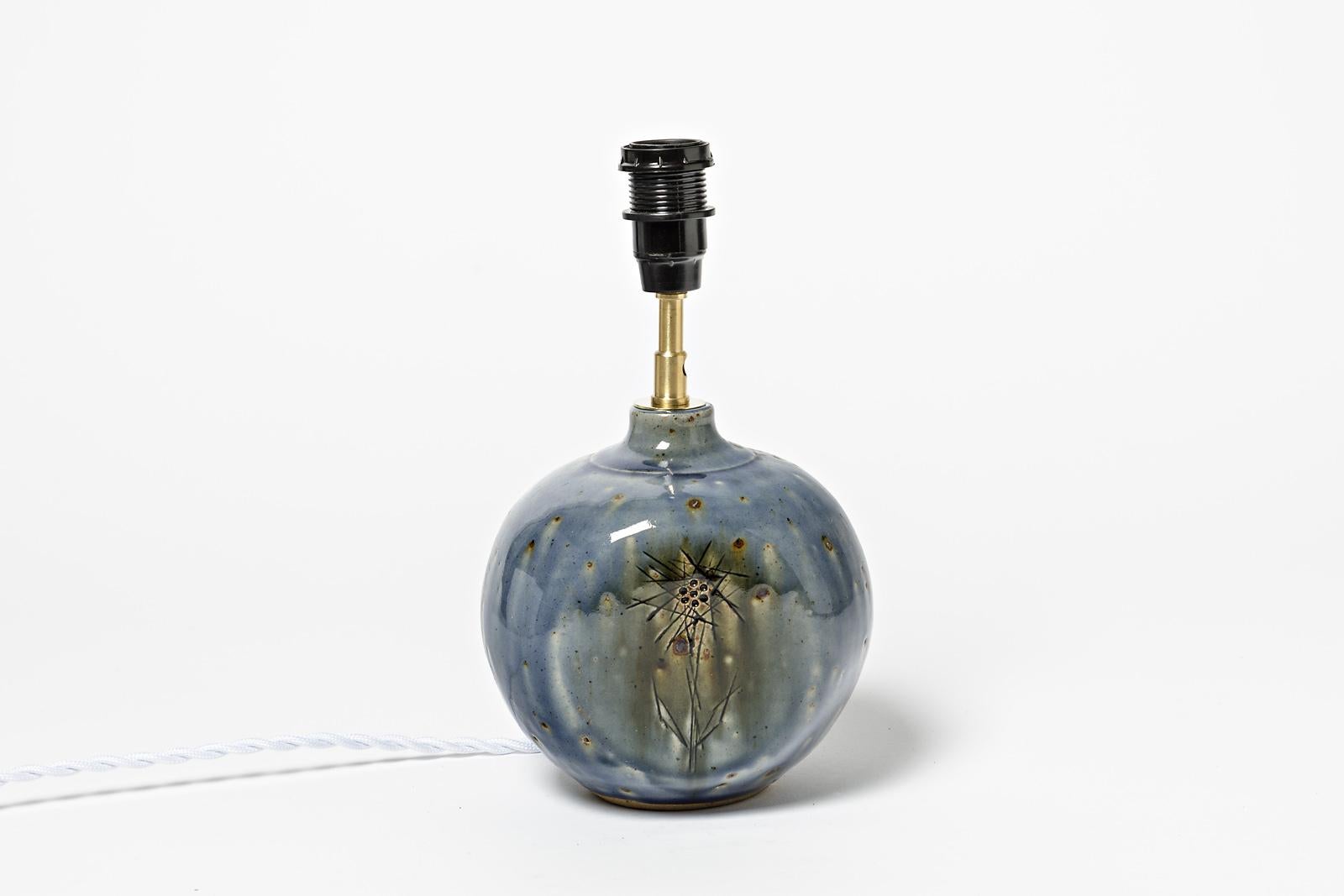Mid-Century Modern Blue Stoneware Ceramic Table Lamp by La Borne Potter Jacques Vilain 20th Century For Sale