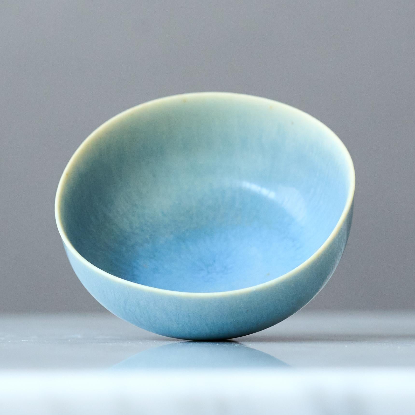 Scandinavian Modern Blue Stoneware Miniature Bowl by Berndt Friberg. Gustavsberg, Sweden, 1960s For Sale