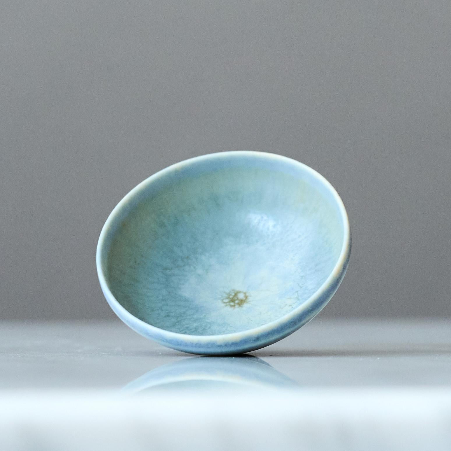Scandinavian Modern Blue Stoneware Miniature Bowl by Berndt Friberg. Gustavsberg, Sweden, 1960s For Sale