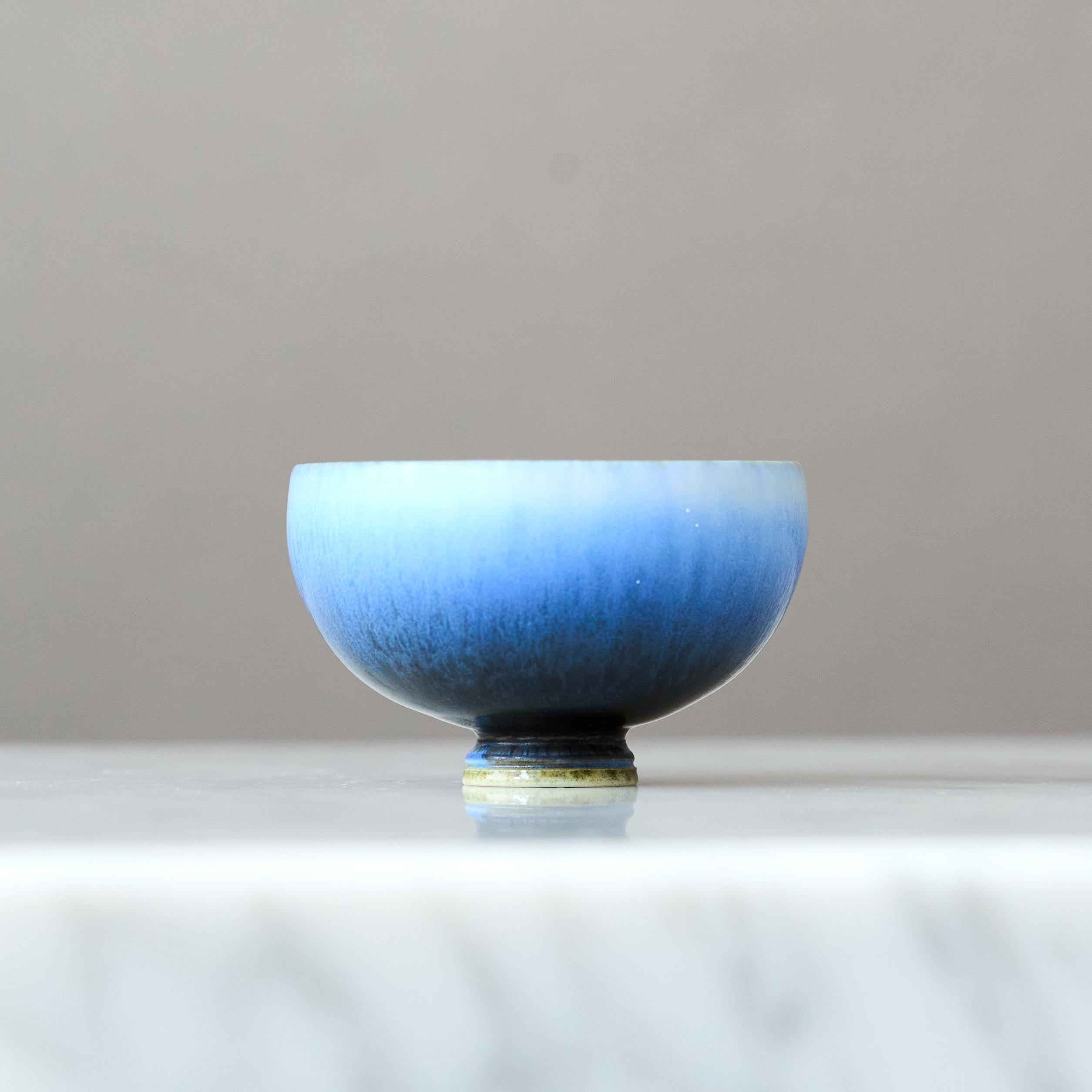 Glazed Blue Stoneware Miniature Bowl by Berndt Friberg. Gustavsberg, Sweden, 1966 For Sale