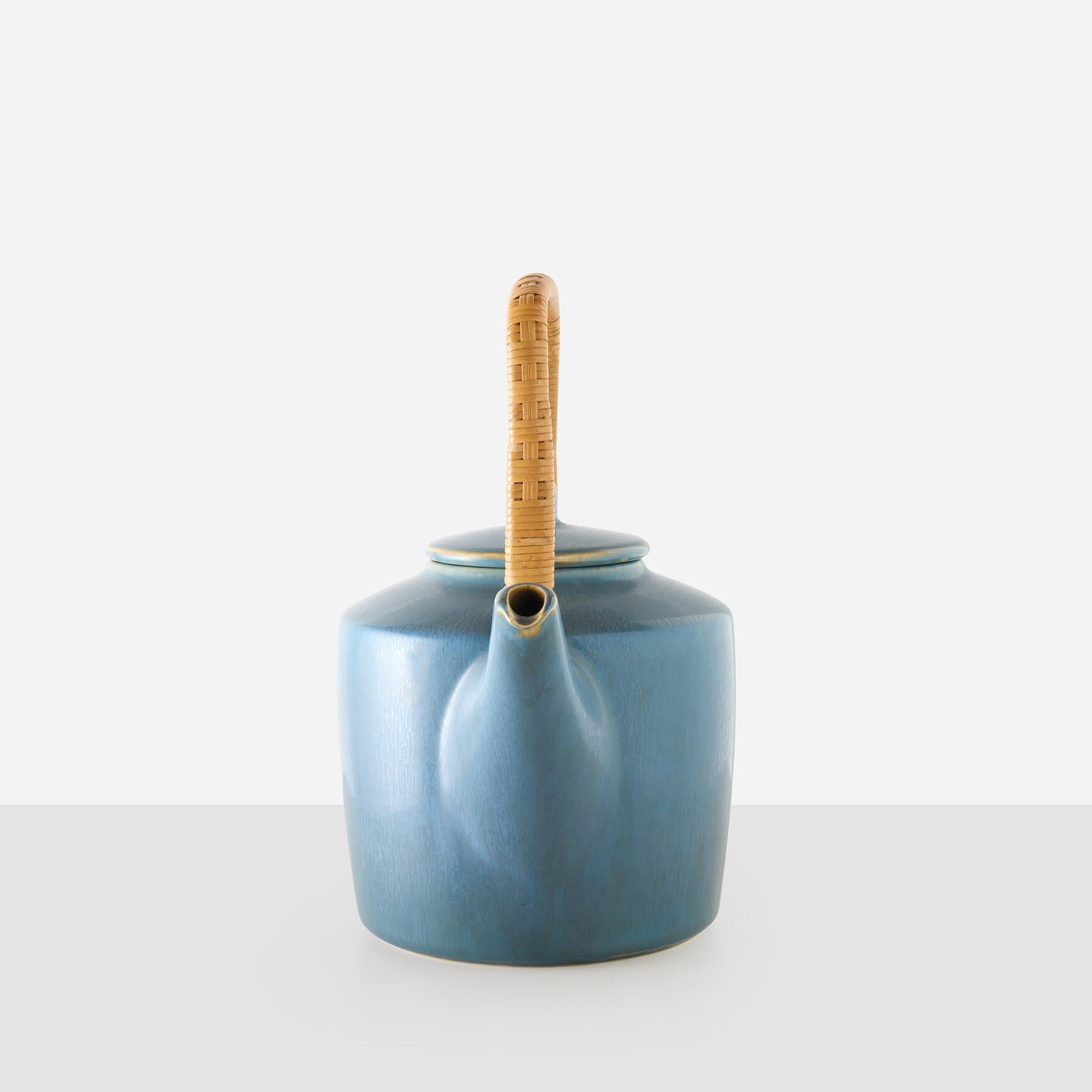 Danish Blue Stoneware Teapot by Palshus For Sale