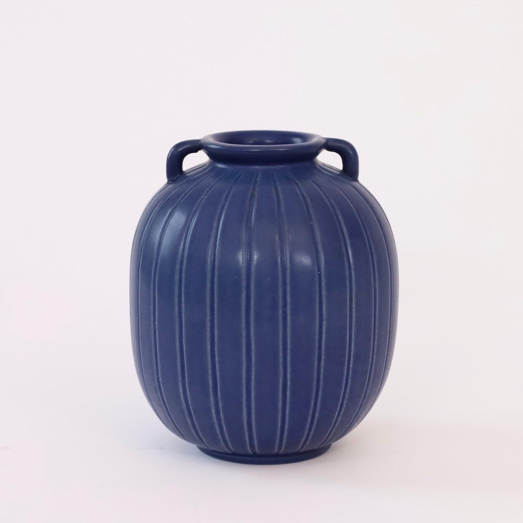 Ceramic Blue stoneware vase by Axel Sorensen for P. Ipsens Enke, 1940s, Denmark For Sale
