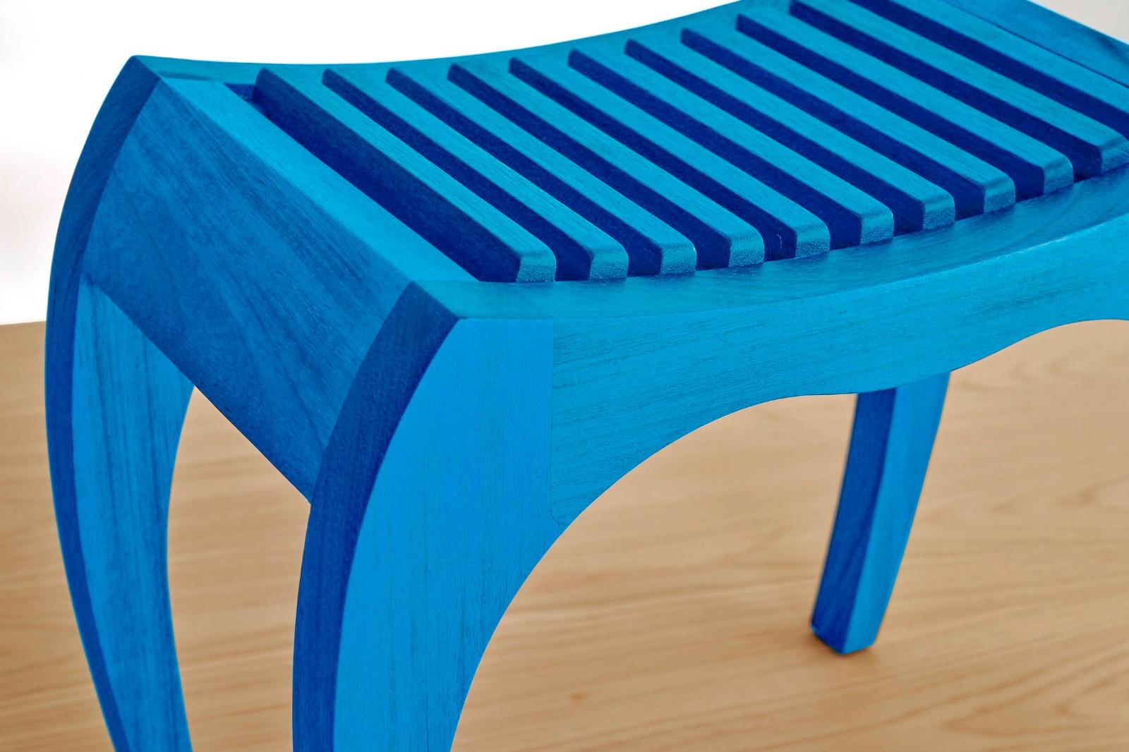 Blue stool rumbo by Jean-Baptiste Van den Heede
Signed and numbered
Dimensions: L 45 x W 31 x H 40 cm
Materials: maple wood

Also available in solid cherrywood and other woods on demand.

The RUMBO stool is a unique, limited series design and