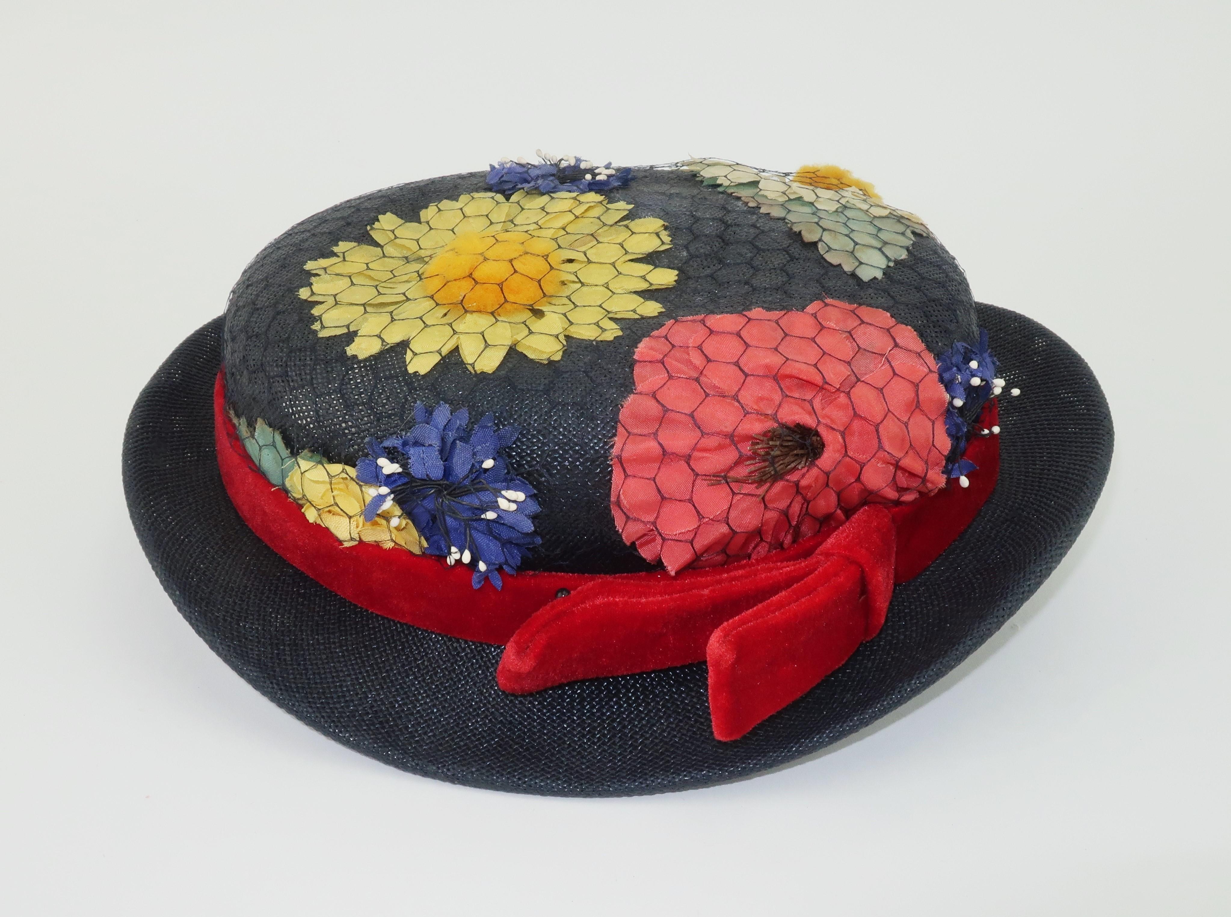 Blue Straw & Silk Flower Hat, 1950's For Sale 5