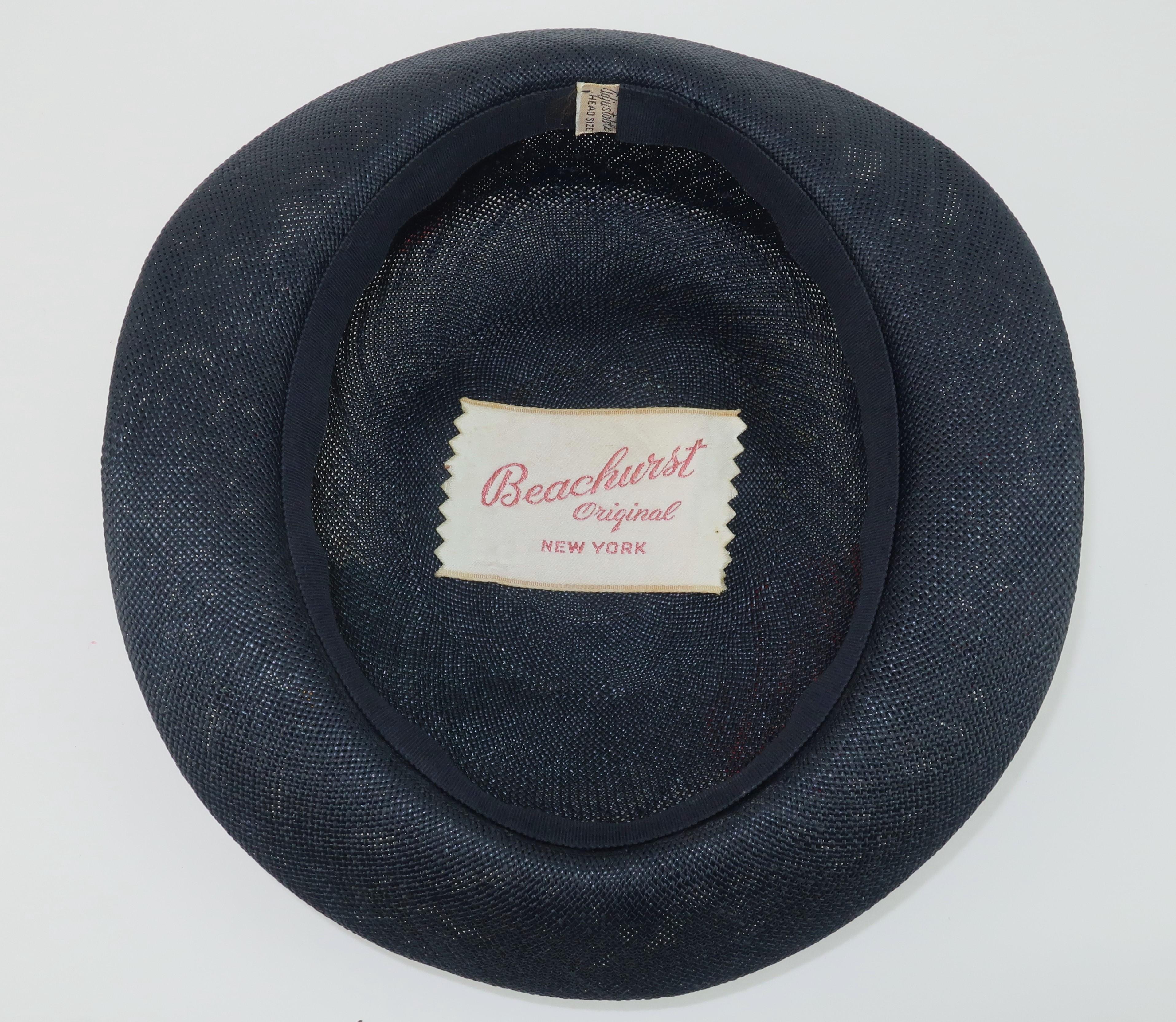 Blue Straw & Silk Flower Hat, 1950's For Sale 6