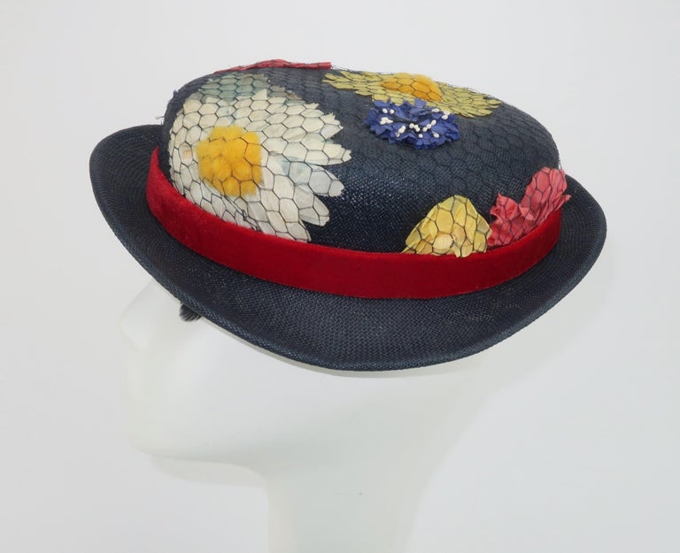 Black Blue Straw & Silk Flower Hat, 1950's For Sale