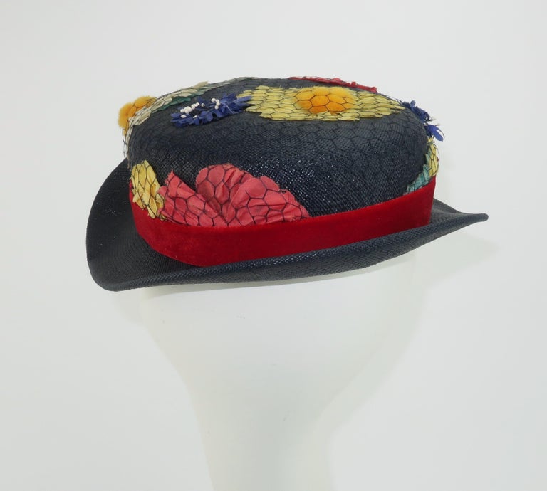 Blue Straw & Silk Flower Hat, 1950's In Good Condition For Sale In Atlanta, GA