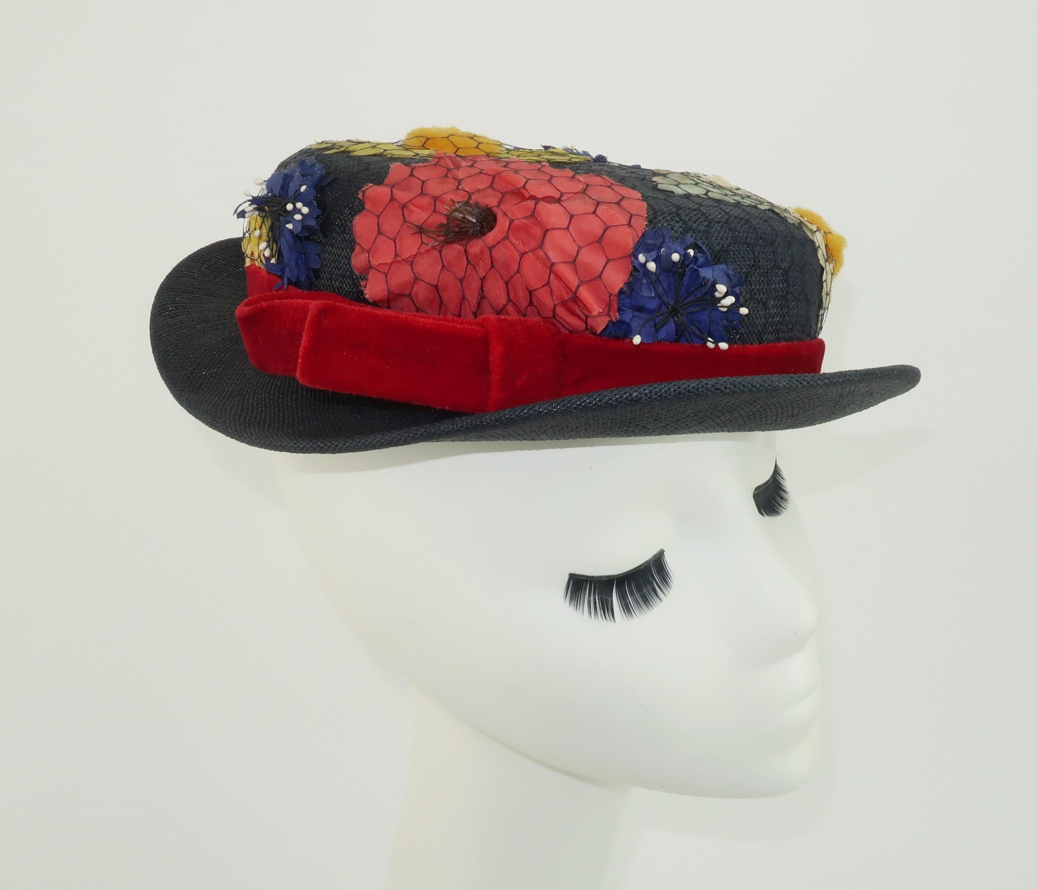 Women's Blue Straw & Silk Flower Hat, 1950's For Sale