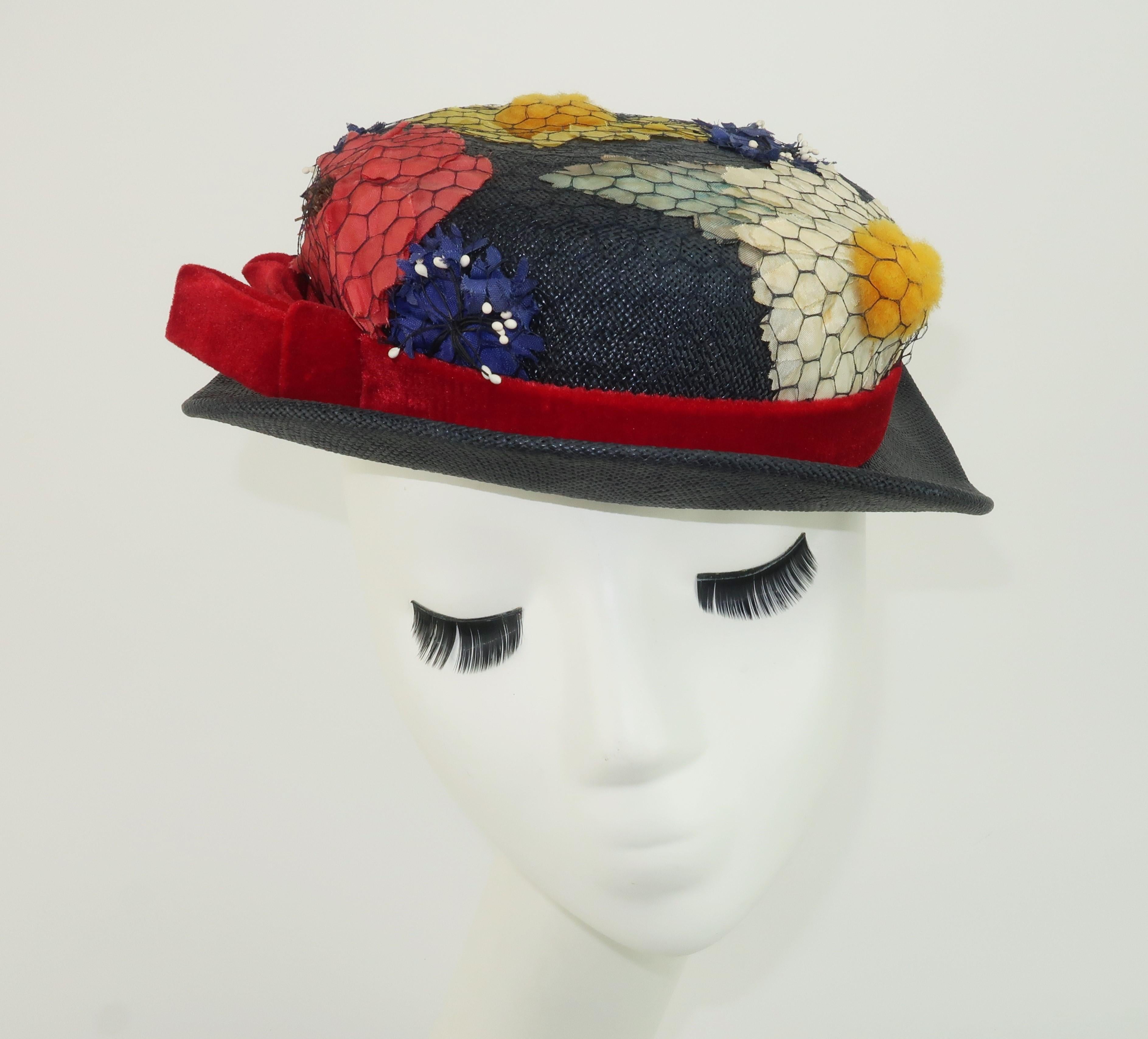 Blue Straw & Silk Flower Hat, 1950's For Sale 1