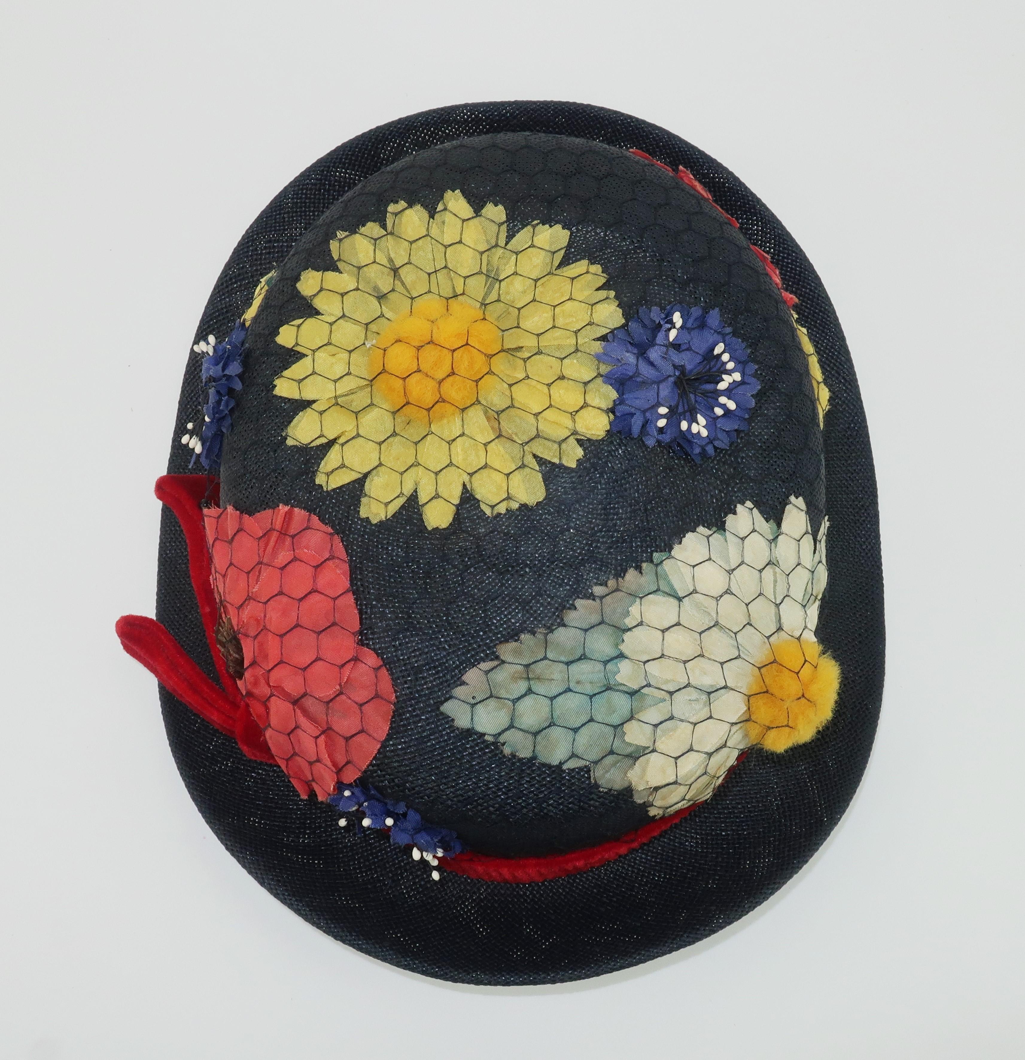 Blue Straw & Silk Flower Hat, 1950's For Sale 2