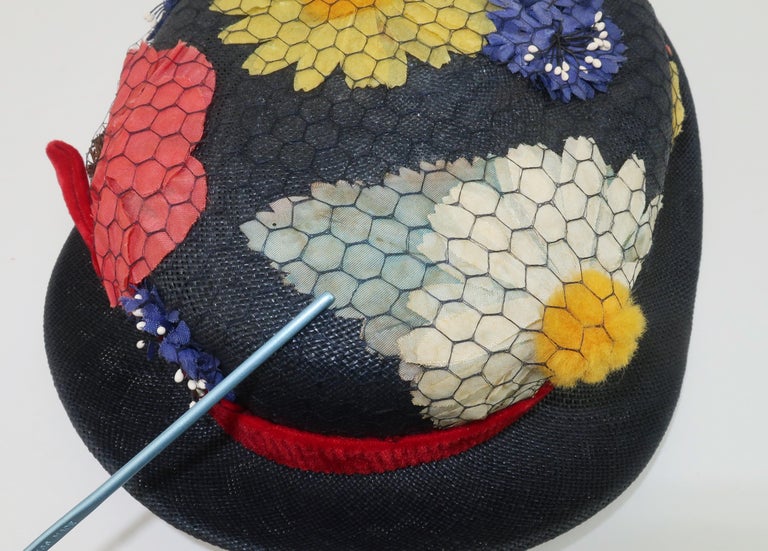Blue Straw & Silk Flower Hat, 1950's For Sale 4