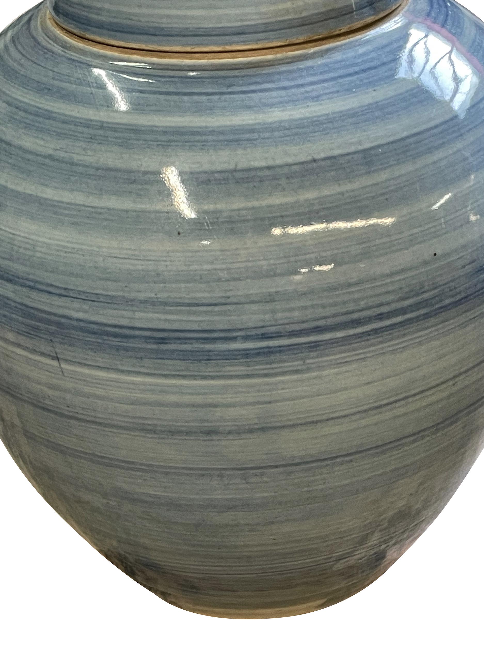 Ceramic Blue Striated Design Lidded Vase, China, Contemporary For Sale