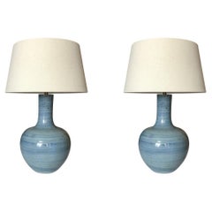 Blue Striated Design Round Base Pair Lamps, China, Contemporary
