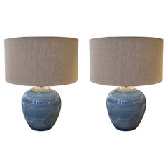Blue Striated Glaze Pair Table Lamps With Shades, China, Contemporary