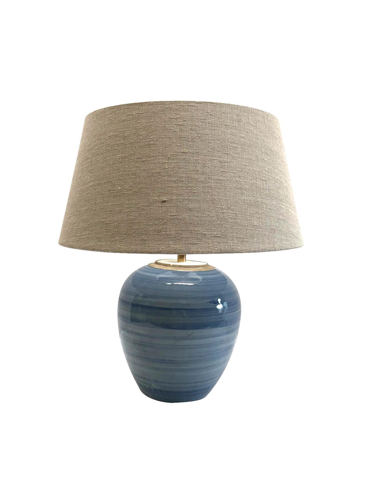 Ceramic Blue Striated Glaze Single Table Lamp With Shade, China, Contemporary