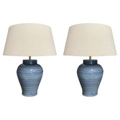 Blue Striated Pattern Ginger Jar Shaped Pair Lamps, China, Contemporary