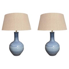 Blue Striated Pattern Pair Lamps, China, Contemporary