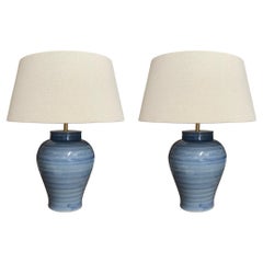 Blue Striated Pattern Pair of Ginger Jar Shaped Lamps, China, Contemporary
