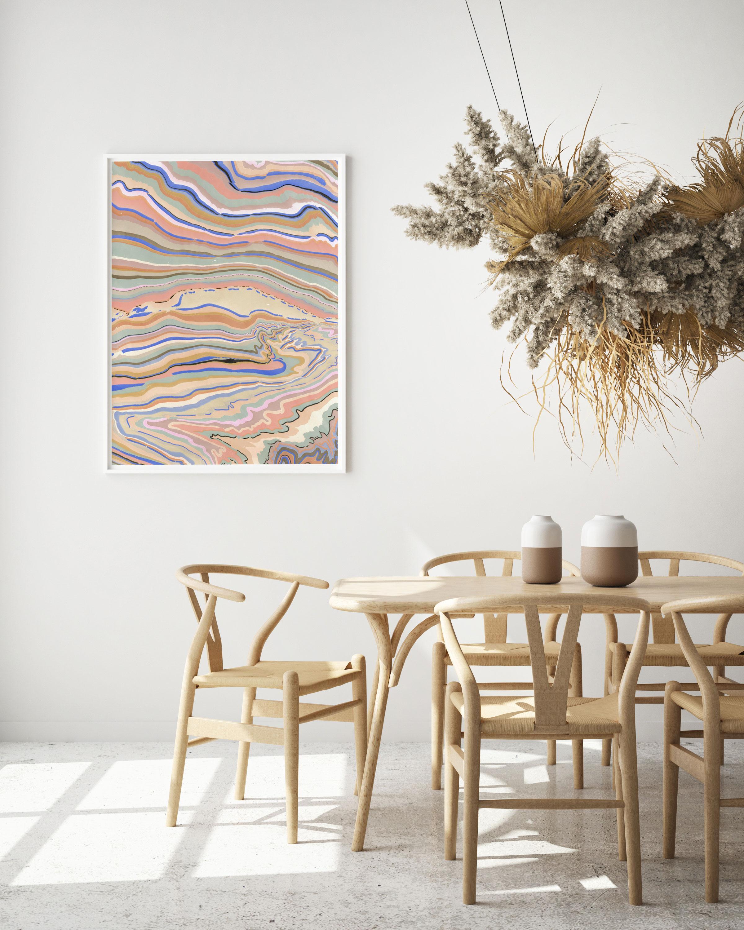 Contemporary 'Blue Stripe' Marbling artwork by Danish artist Pernille Snedker For Sale