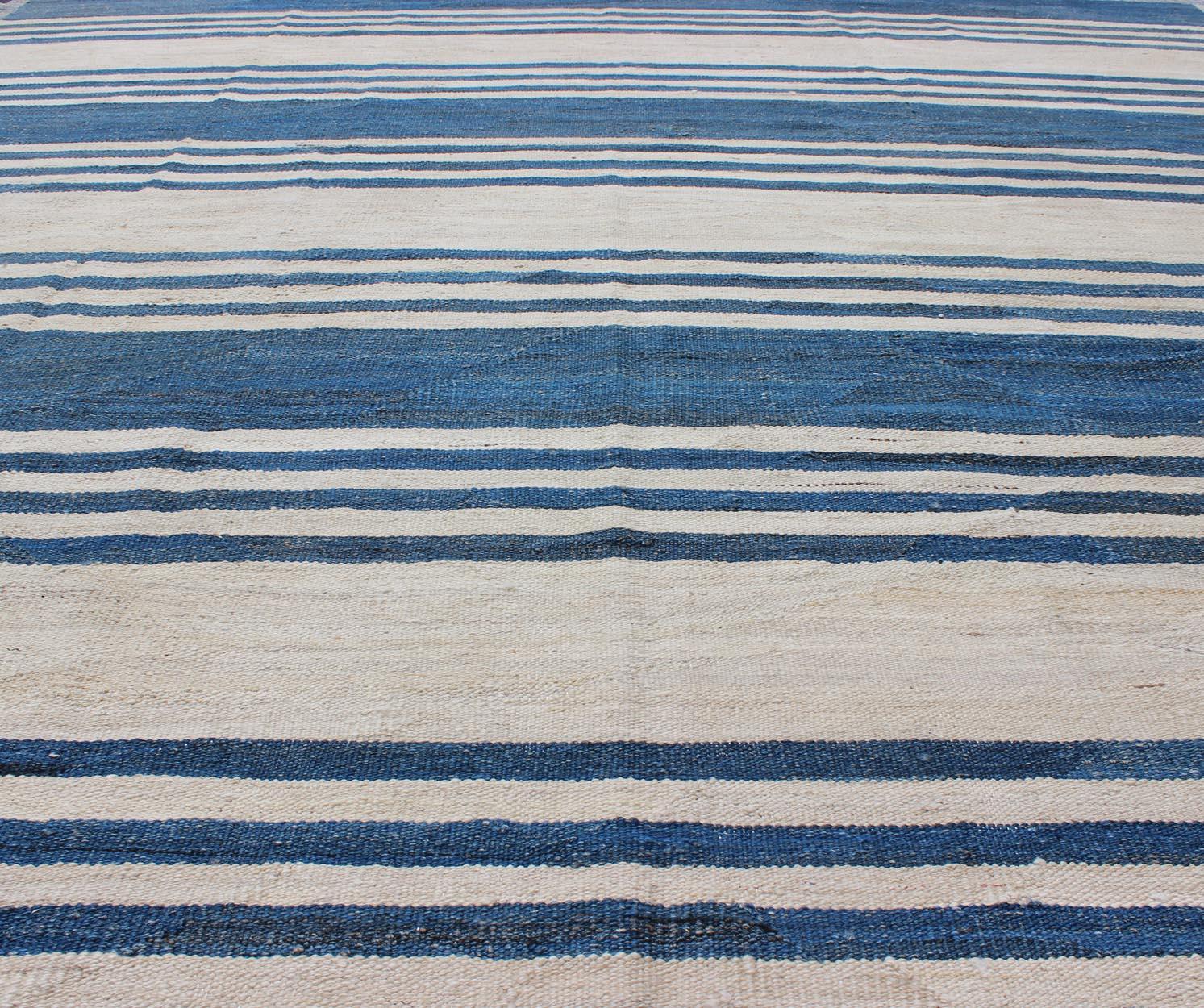 Blue Striped Design Flat-Weave Kilim Rug Versatile for Interiors 3