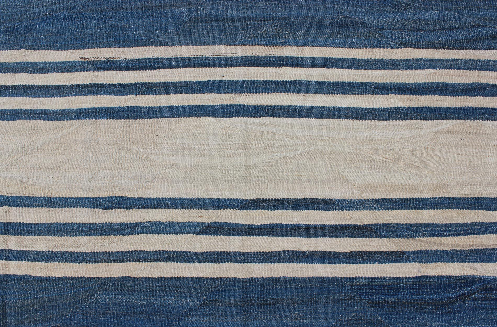 Blue Striped Design Flat-Weave Kilim Rug Versatile for Interiors 4
