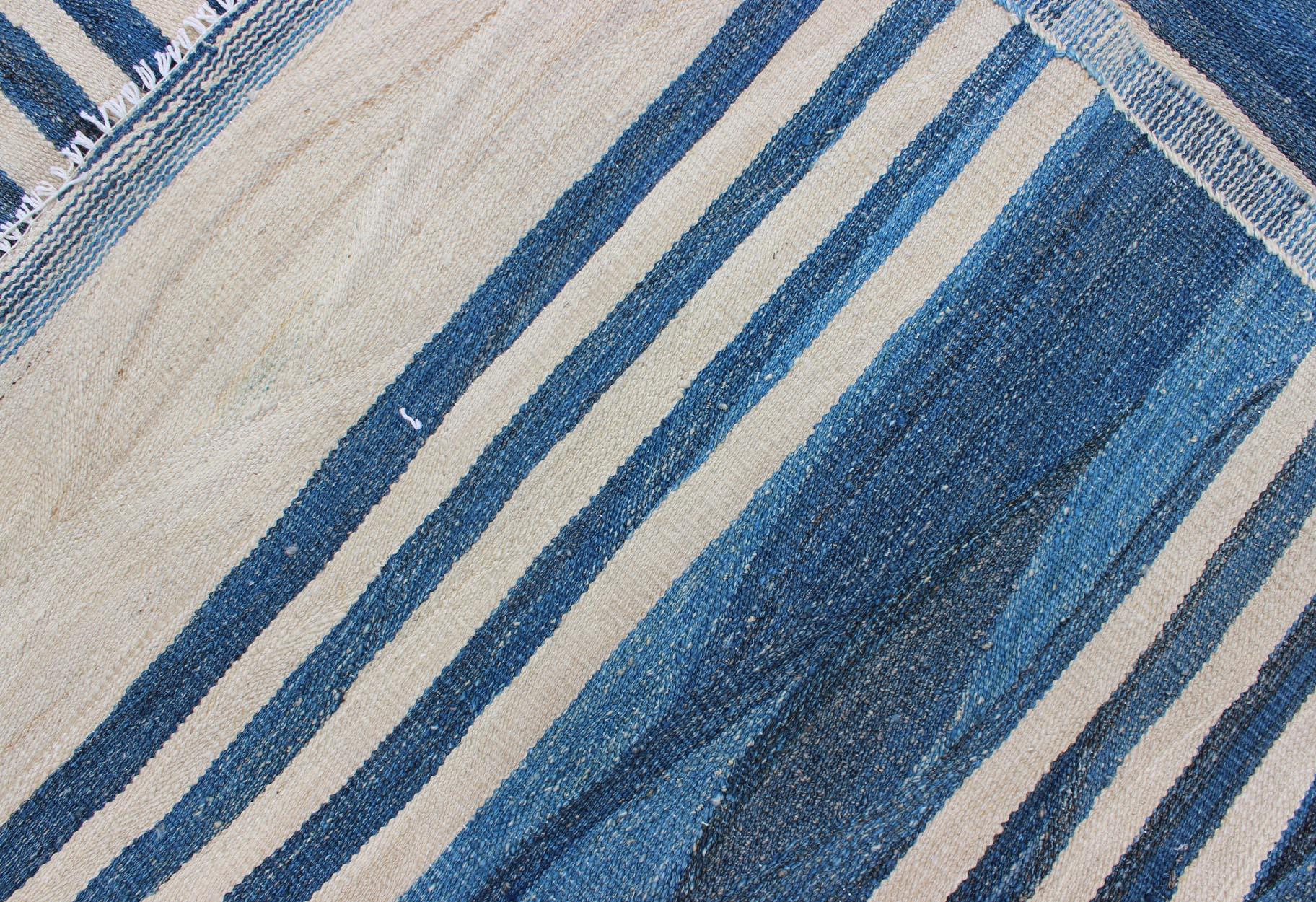 Blue Striped Design Flat-Weave Kilim Rug Versatile for Interiors 5