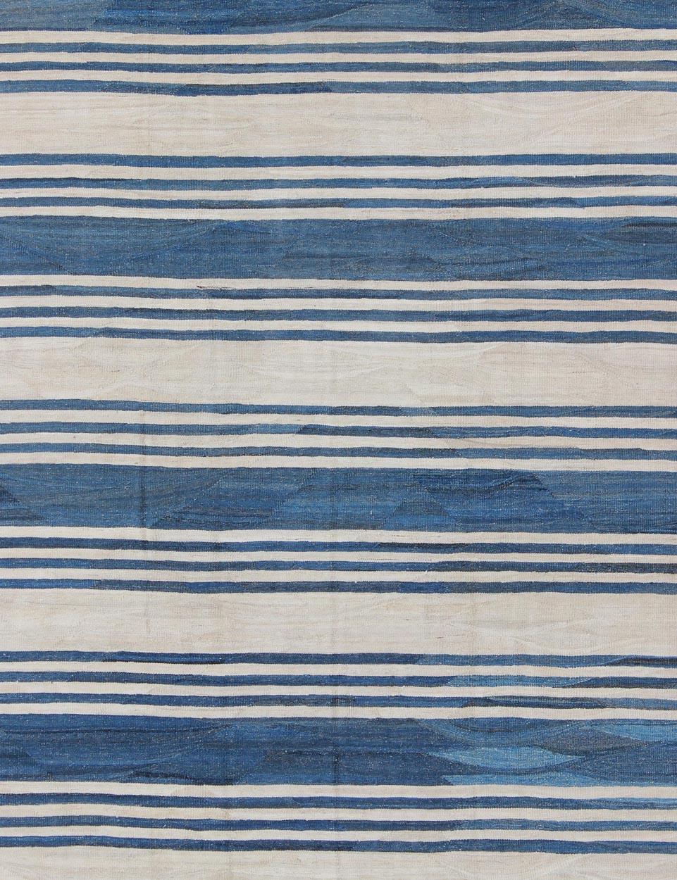 Afghan Blue Striped Design Flat-Weave Kilim Rug Versatile for Interiors