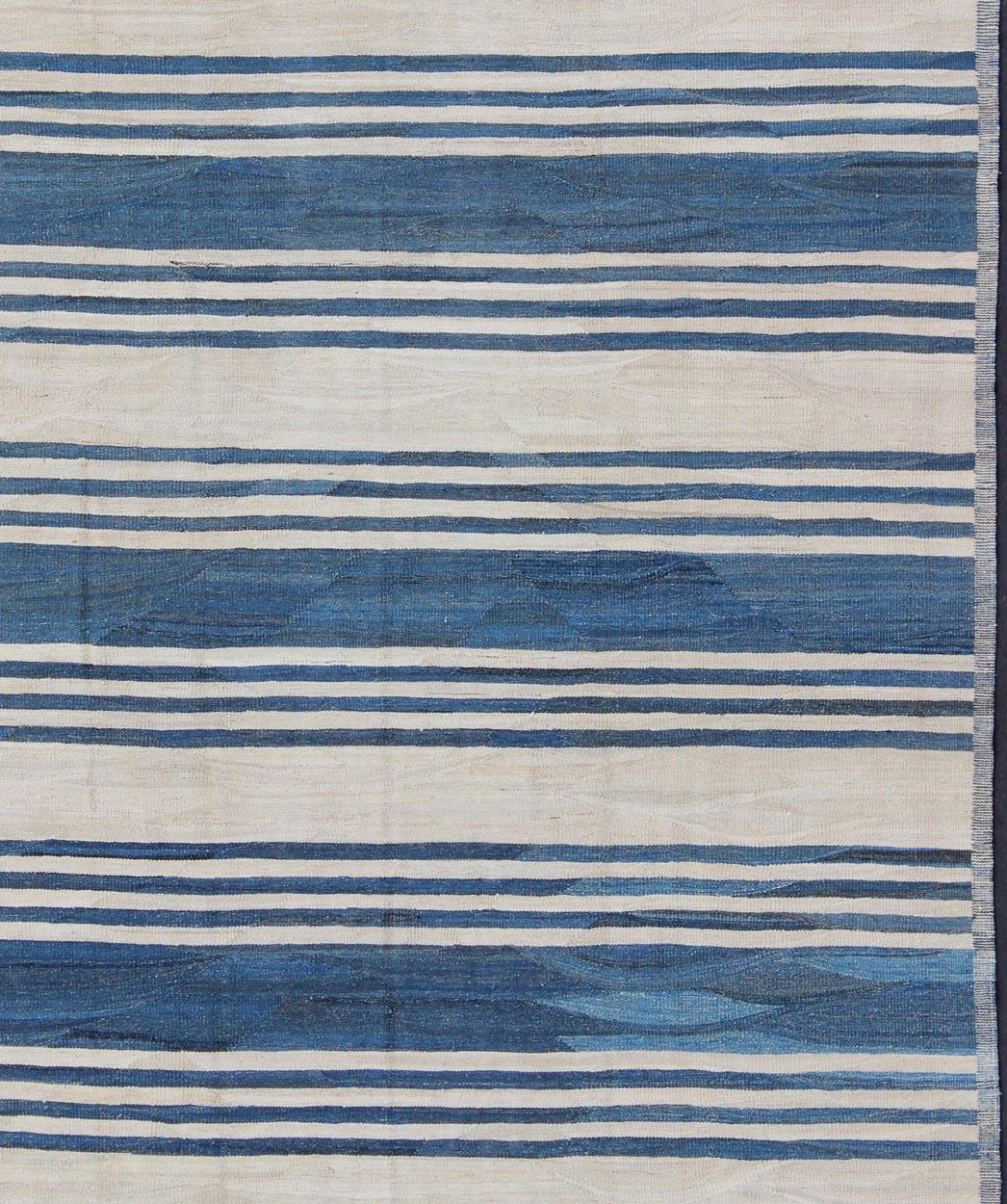 Hand-Woven Blue Striped Design Flat-Weave Kilim Rug Versatile for Interiors