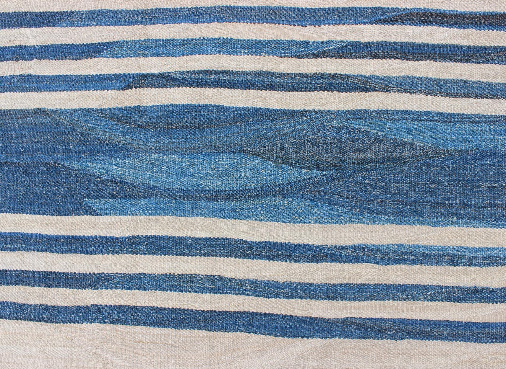 Contemporary Blue Striped Design Flat-Weave Kilim Rug Versatile for Interiors