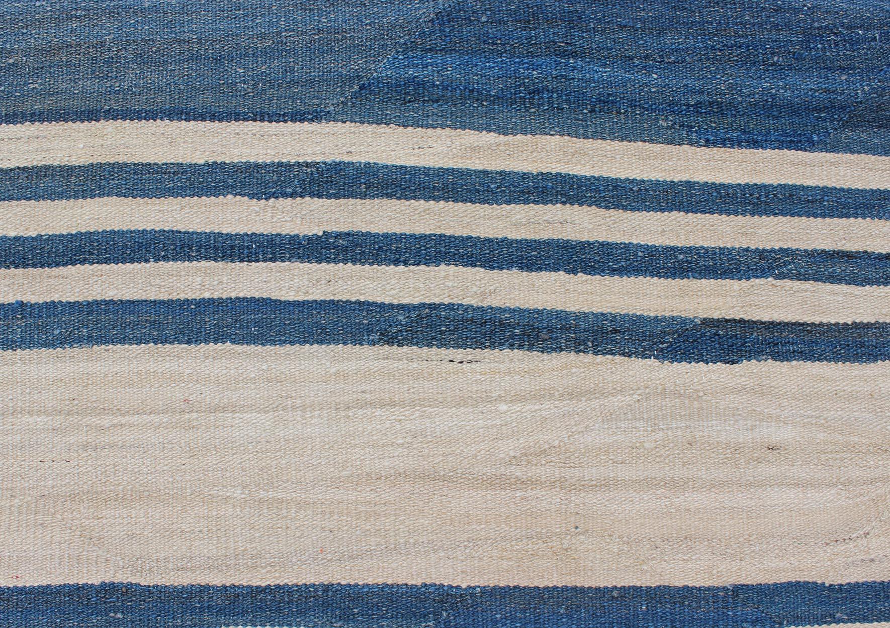 Wool Blue Striped Design Flat-Weave Kilim Rug Versatile for Interiors