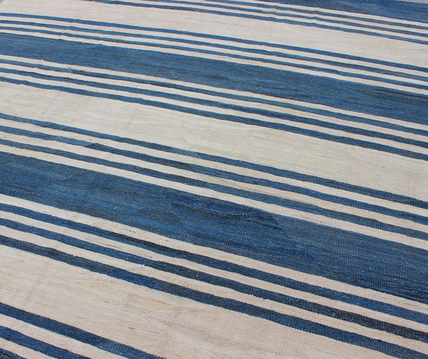 Blue Striped Design Flat-Weave Kilim Rug Versatile for Interiors 1